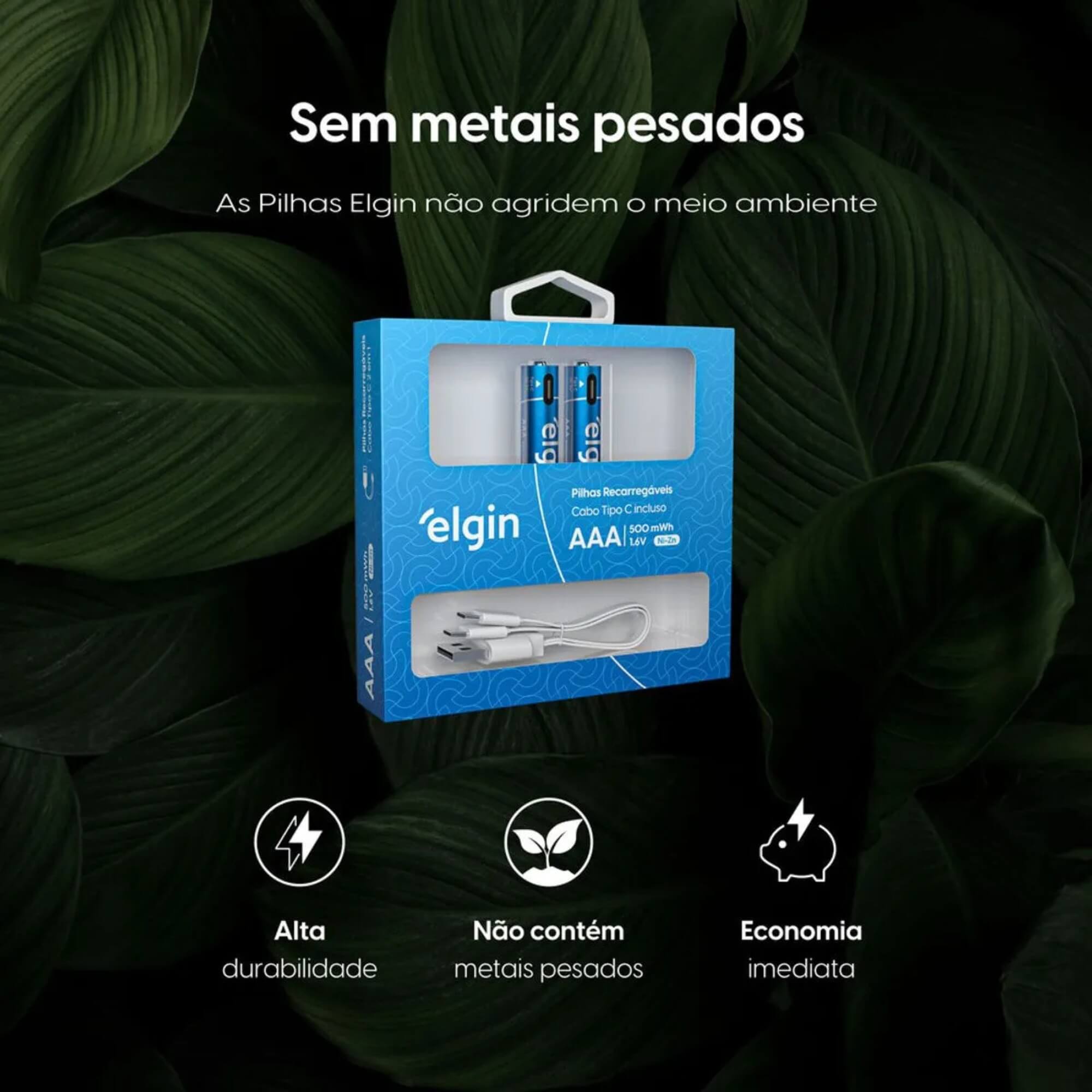Pilha Alcalina Recarregável AAA Palito USB-C 1.200mAh c/ 2 unidades + Cabo Elgin - ELE000000082428