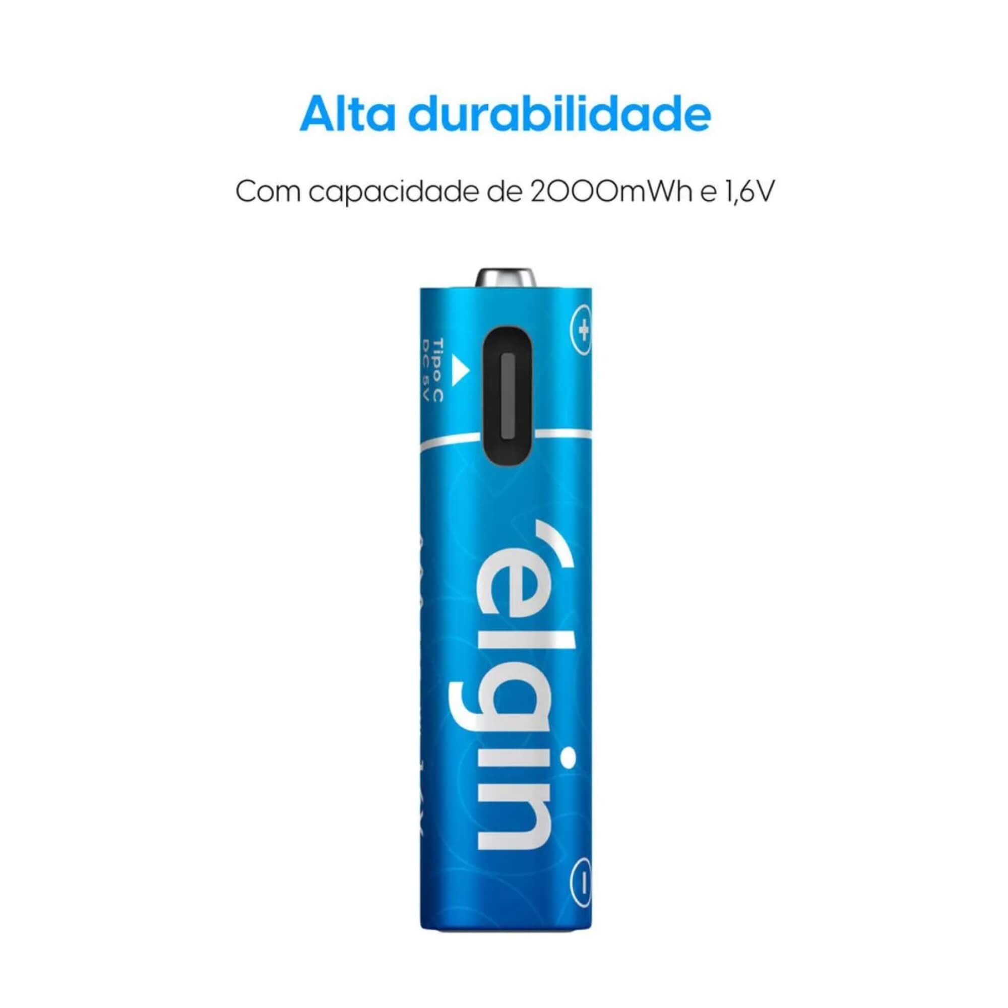 Pilha Alcalina Recarregável AAA Palito USB-C 1.200mAh c/ 2 unidades + Cabo Elgin - ELE000000082428
