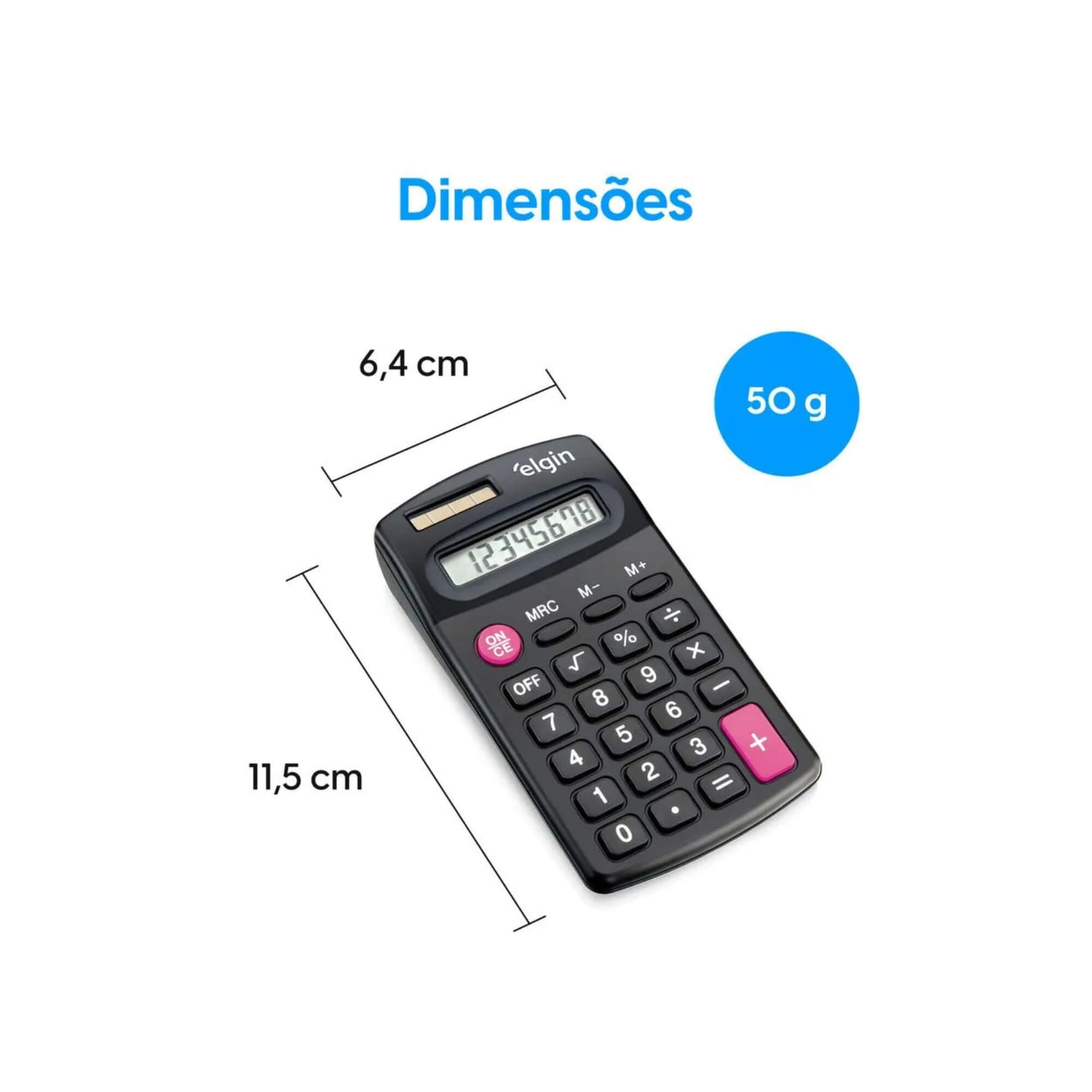 Calculadora de Bolso 8 Dígitos 4 Operações Básicas Alimentação Solar Elgin - 42CB14850000