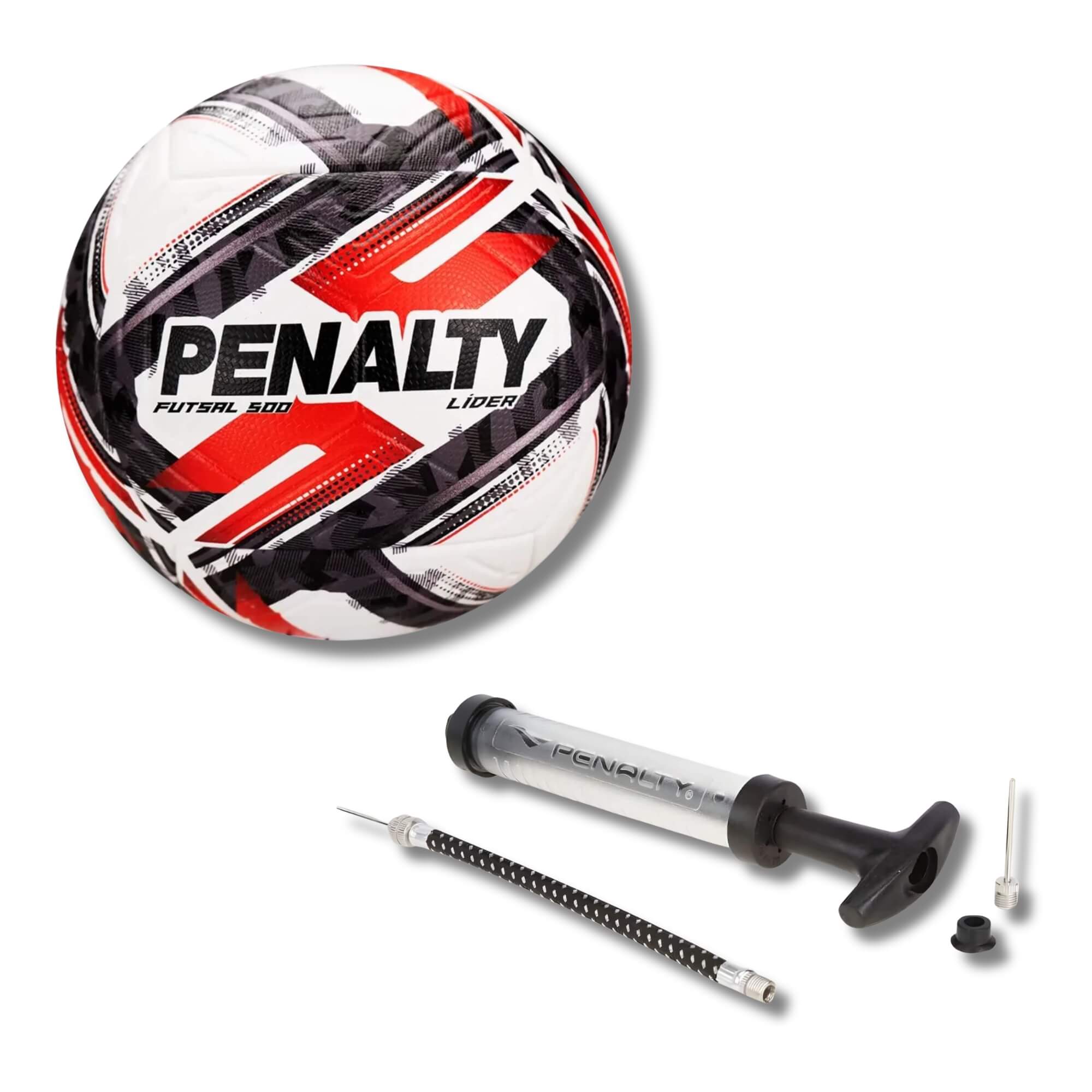 COMP Kit Bola de Futsal Líder XXVI Branca e Vermelha + Bomba de Ar -  Penalty
