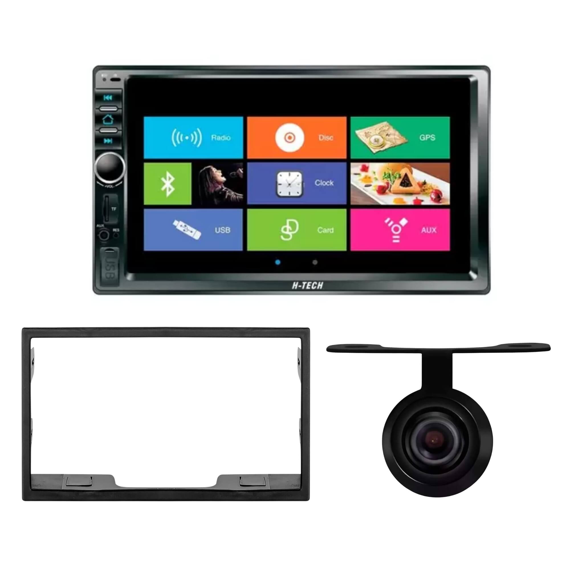 COMP Kit Central Multimídia H-Tech + Câmera de Ré Borboleta + Moldura 2 Din