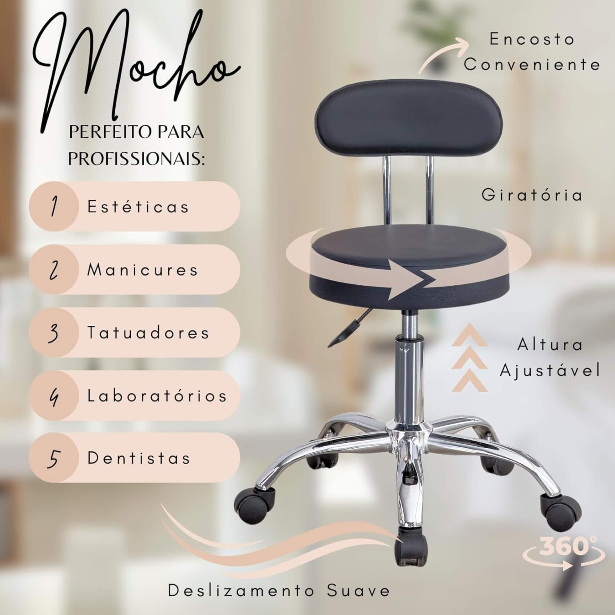 Cadeira Giratória Mocho c/ Encosto cor Preta Conthey Evolux - N2232783