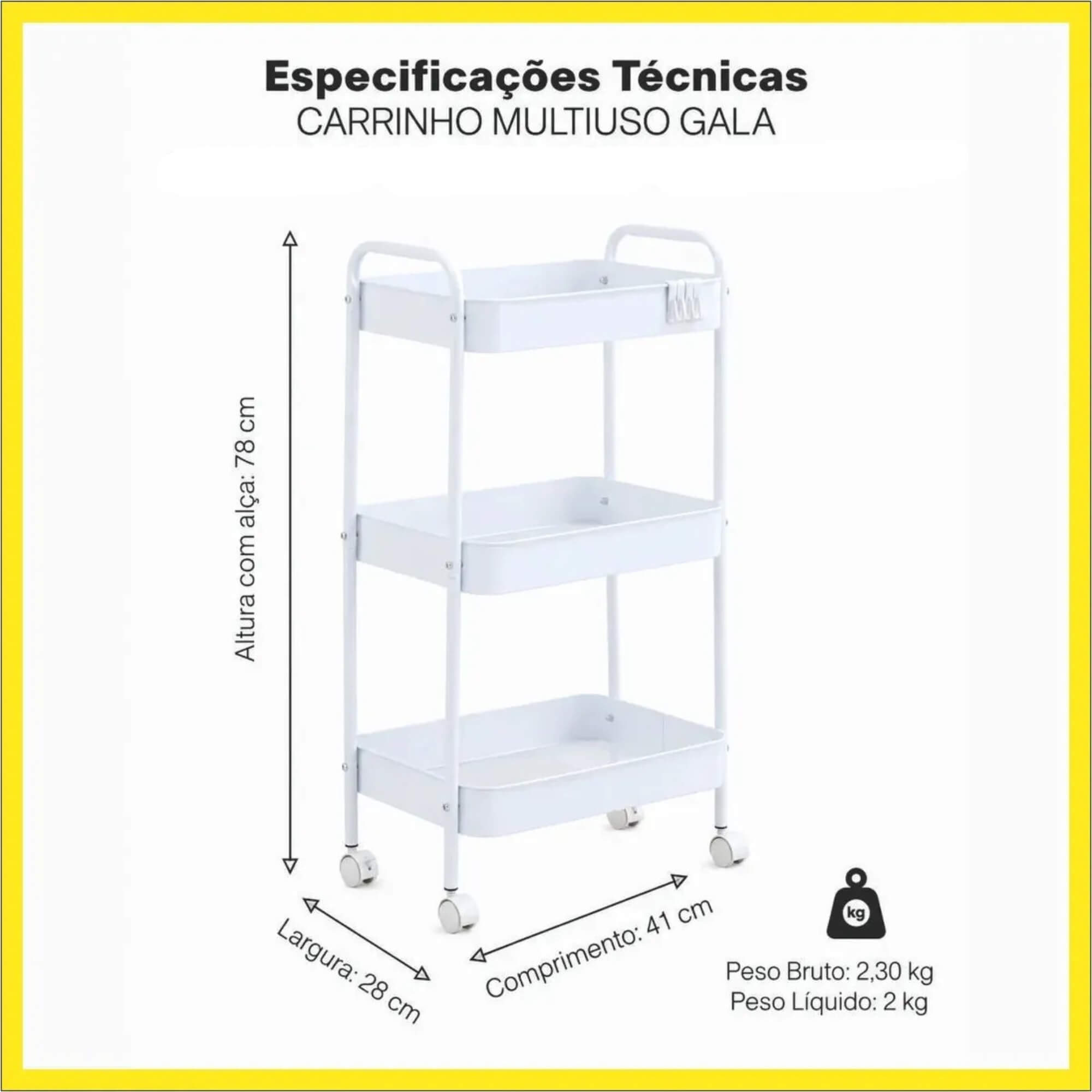 Carrinho Organizador Multiuso Gala 3 Prateleiras Metal Branco Conthey Evolux - N035173A