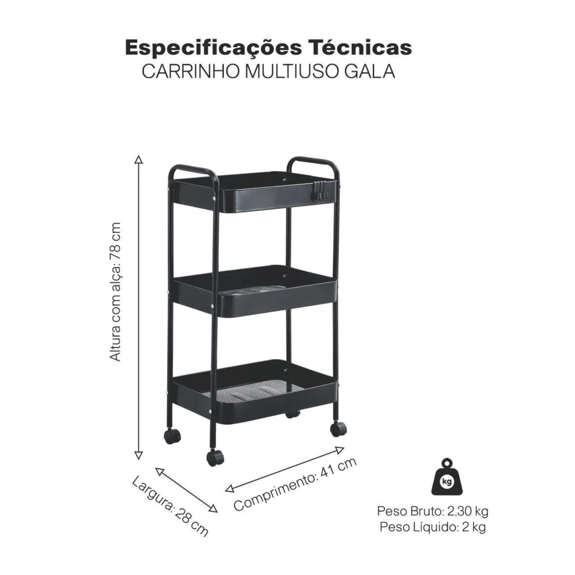 Carrinho Organizador Multiuso Gala 3 Prateleiras c/ Rodinhas Preto Conthey Evolux - N035173B