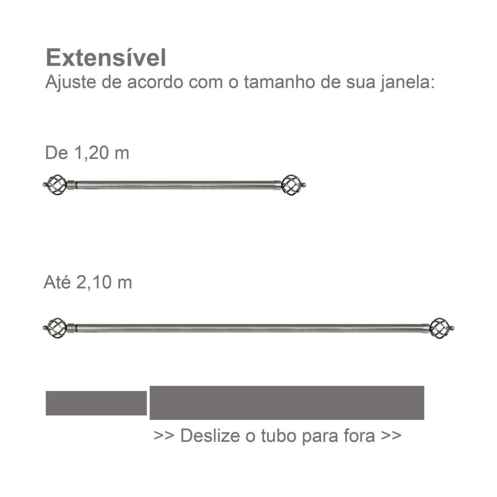 Kit Varão para Cortina Extensivo 1,20m a 2,10m Coroa Cromada Conthey Evolux - D184579