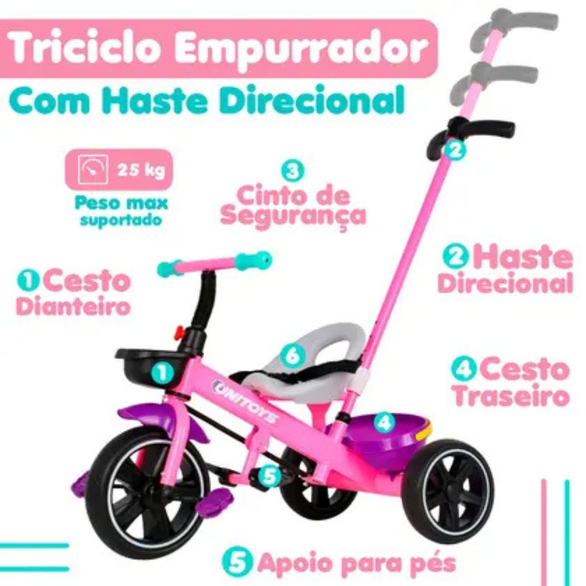 Brinquedo Infantil Triciclo com Empurrador Rosa Unitoys - 3334