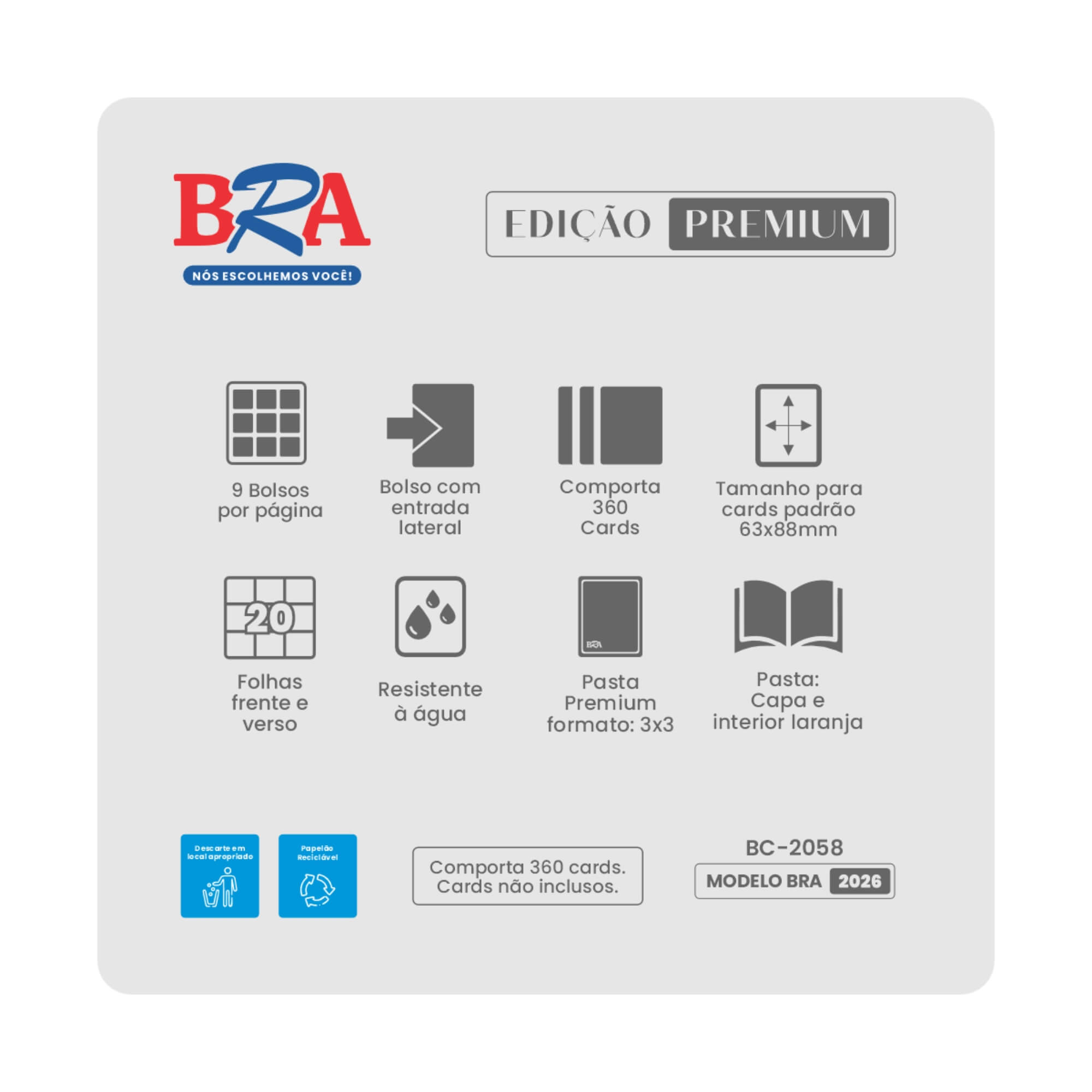 Pasta Premium 3x3 Laranja c/ 20 Folhas (Comporta até 360 Cards) BRA - BC-2058