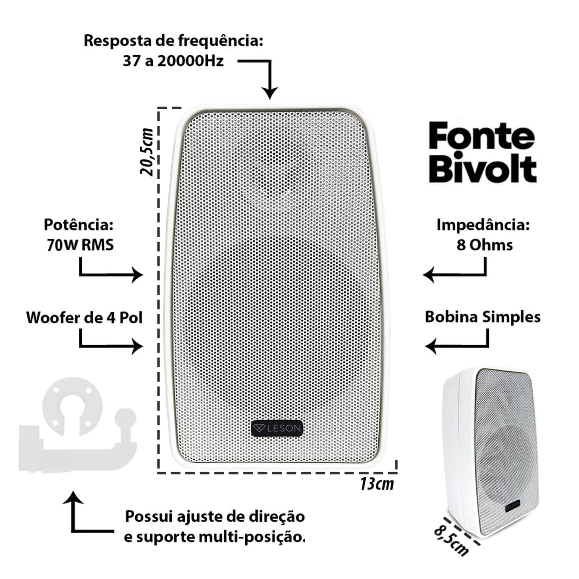 Par de Caixa de Som Ambiente 140WRMS 8 Ohms Branca Bluetooth Leson - 2LSCXB700