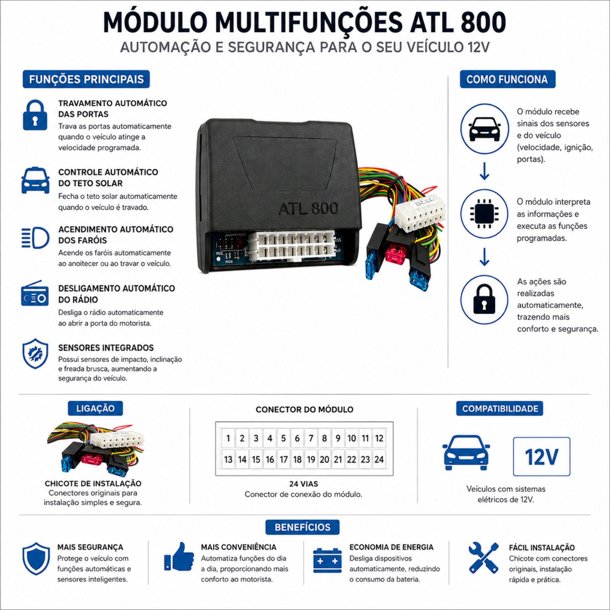 Modulo Travamento Multifunção Automotivo 12V FKS - ATL800