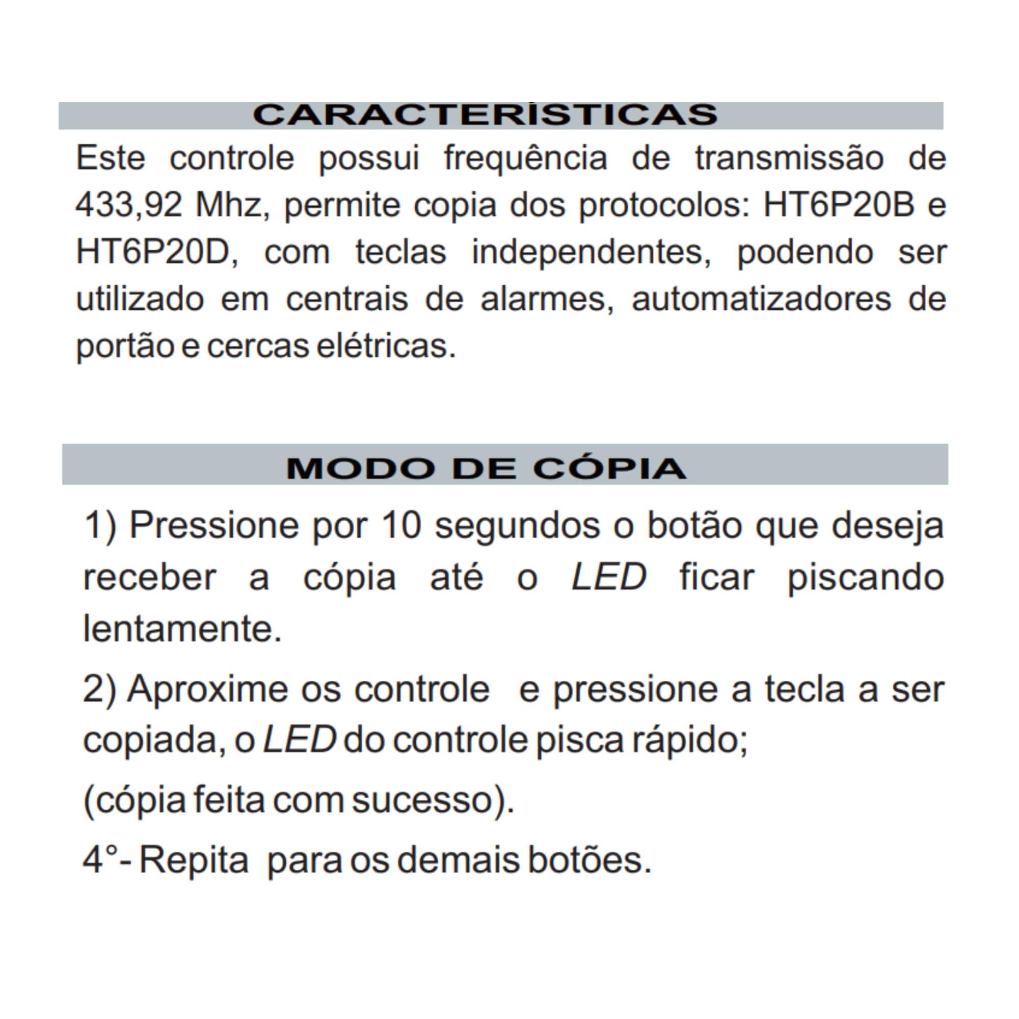 Controle Remoto 2 Botões Frequência 433 Mhz FKS - CR961