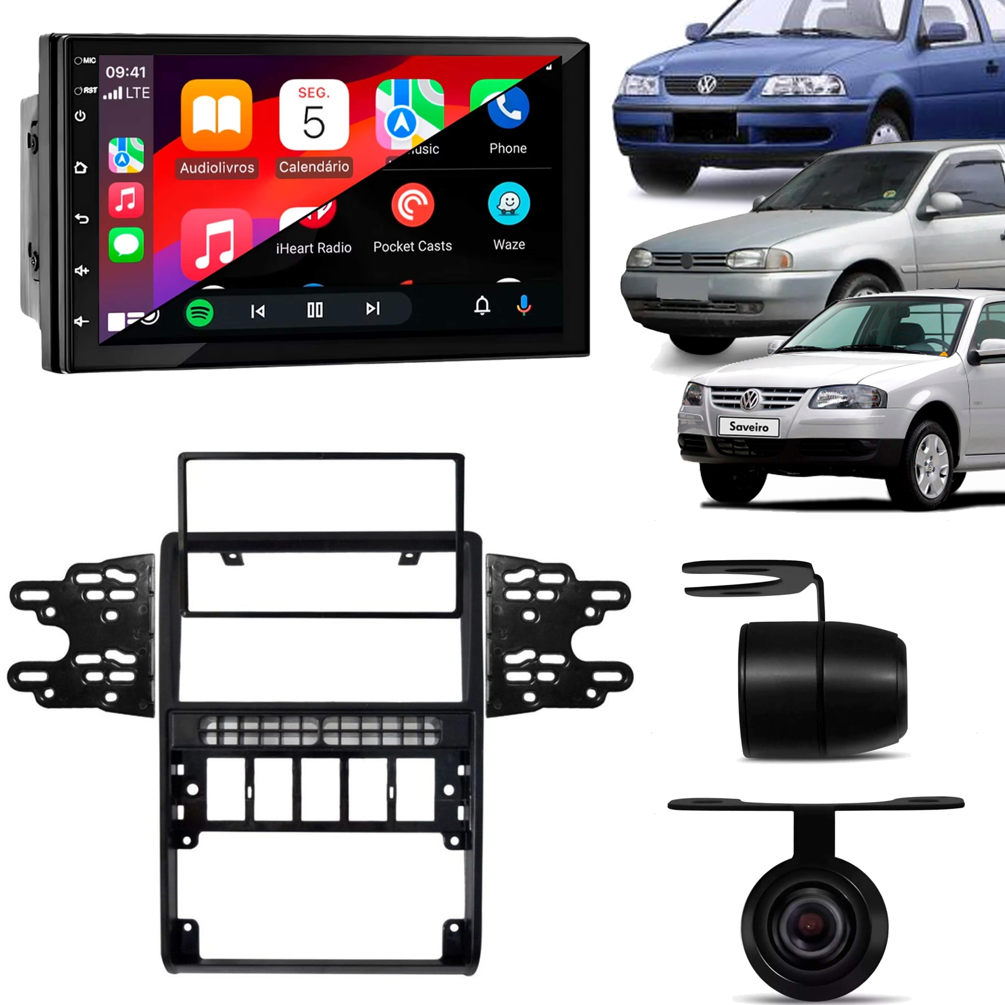 COMP Kit Multimídia MP5 7" Gol Parati Saveiro G2 Carplay Android Auto Sem fio + Câmera de ré