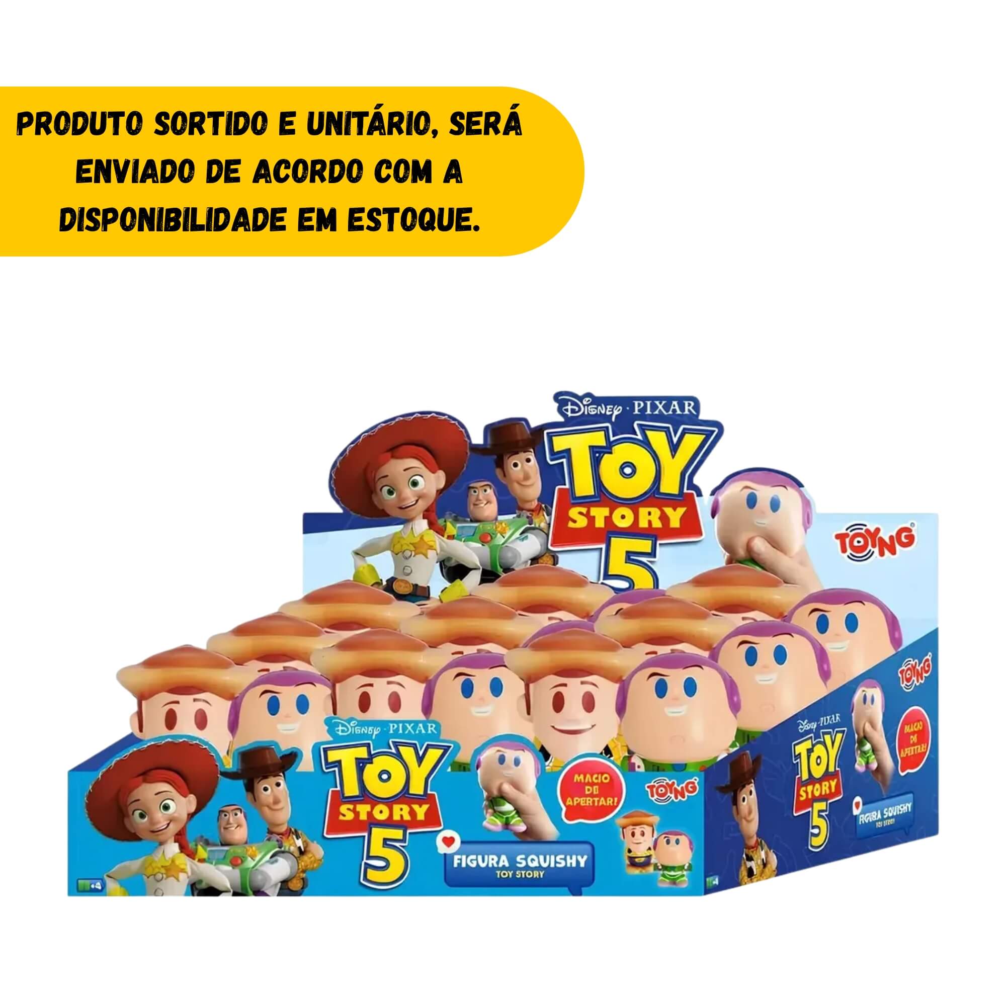 Boneco Squishy Woody ou Buzz Lightyear Toy Story Antiestresse Sortido e Unitário Toyng - 059498