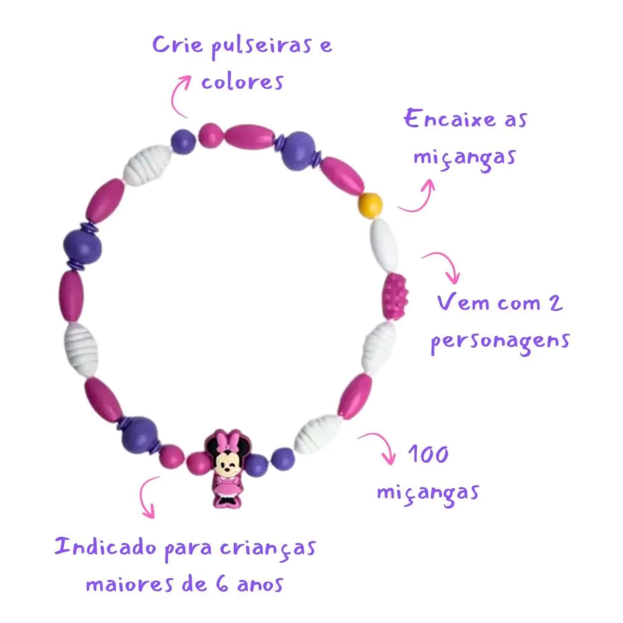 Kit Miçangas Disney Minnie com 2 Personagens e 100 peças de Encaixe Toyng - 060015