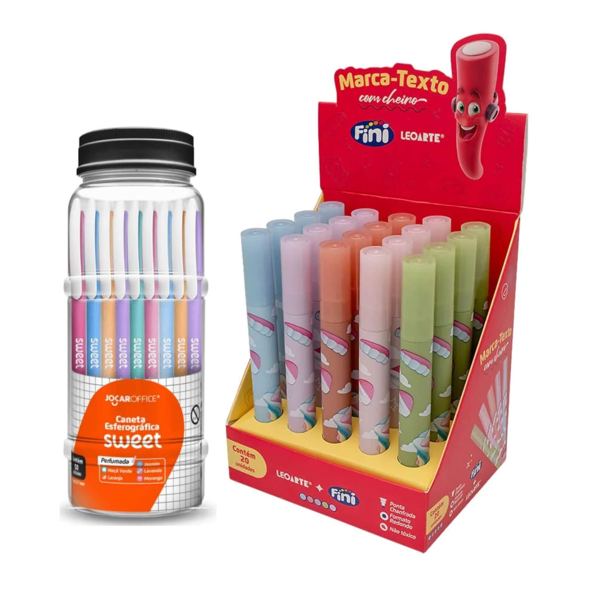 COMP Kit Loja Caneta Esferográfica Perfumada 0.7 50 Und. + Marca Texto c/ Aroma Fini 20 Und.