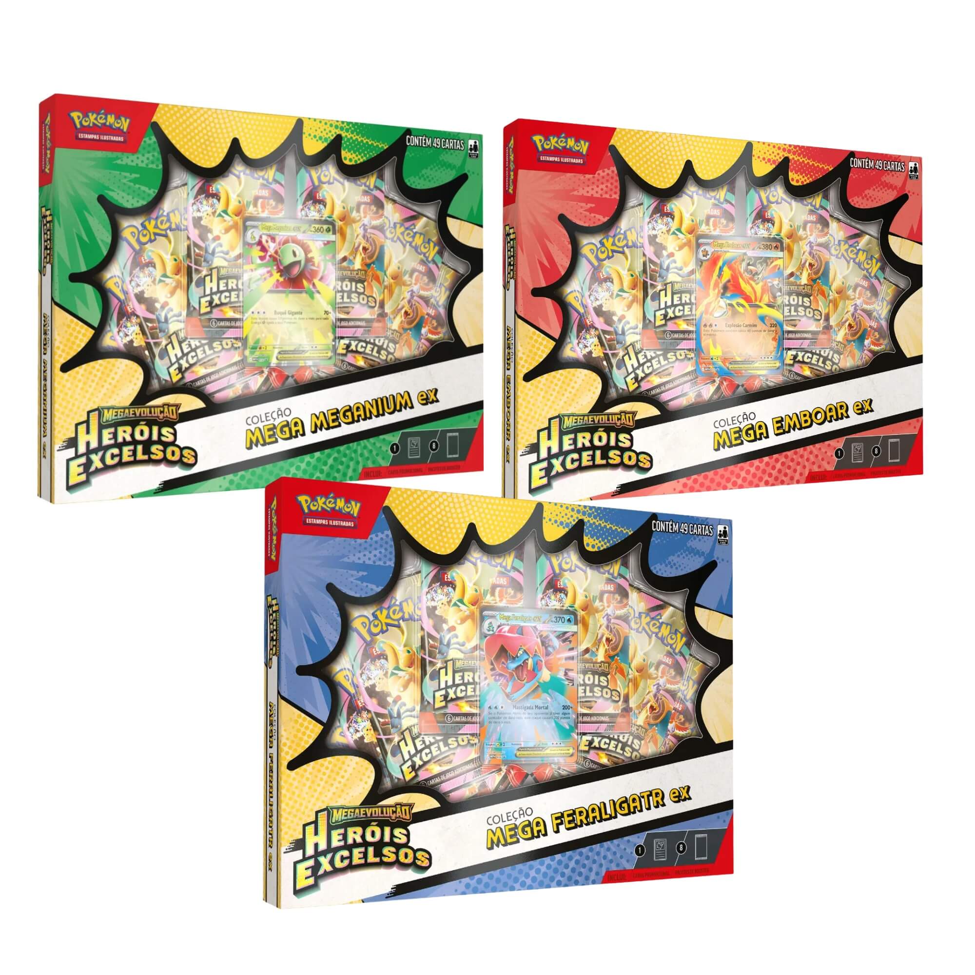 3 Box Pokemon ME02.5 Coleção Mega Meganium EX, Mega Emboar EX e Mega Feraligatr EX Copag - 36657