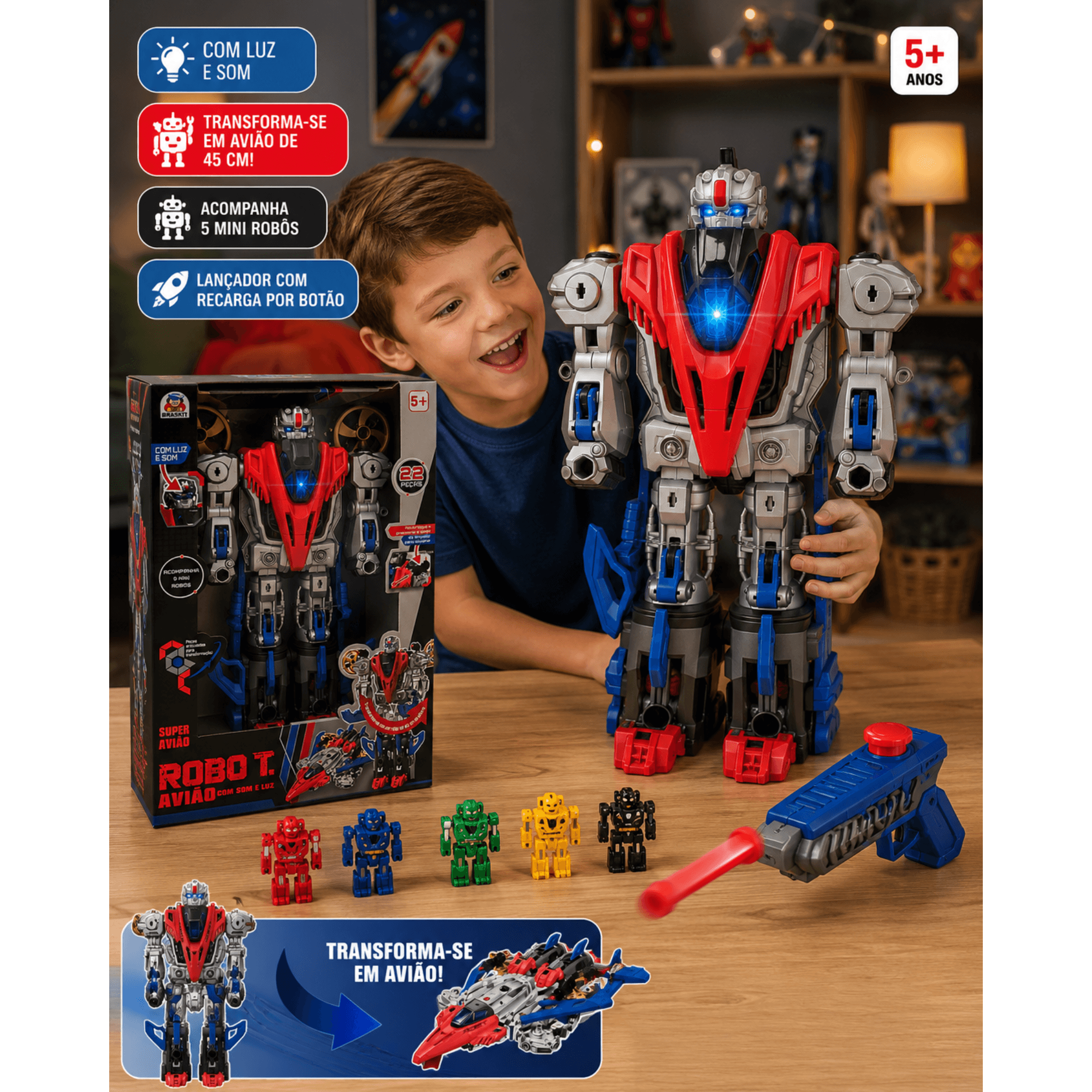 Robô T Super Avião Transformável Luz Som - Braskit 3401