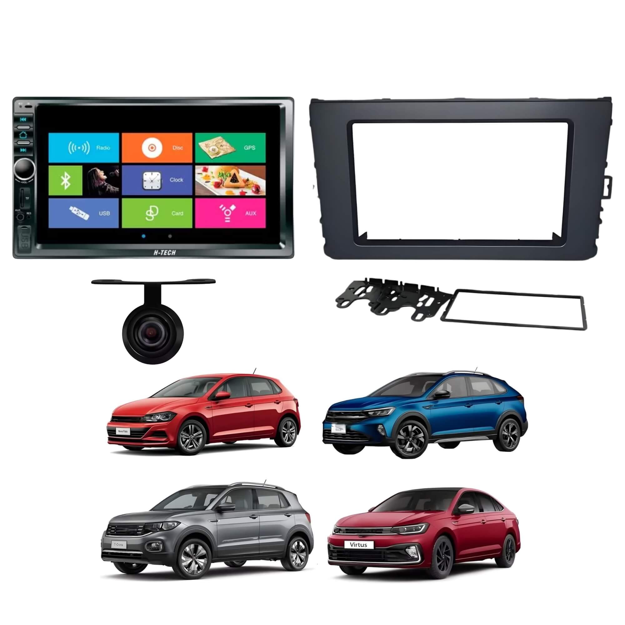 COMP Multimídia MP5 7 Polegadas HT-5023 + Câmera de Ré + Moldura T-Cross / Nivus / Polo / Virtus