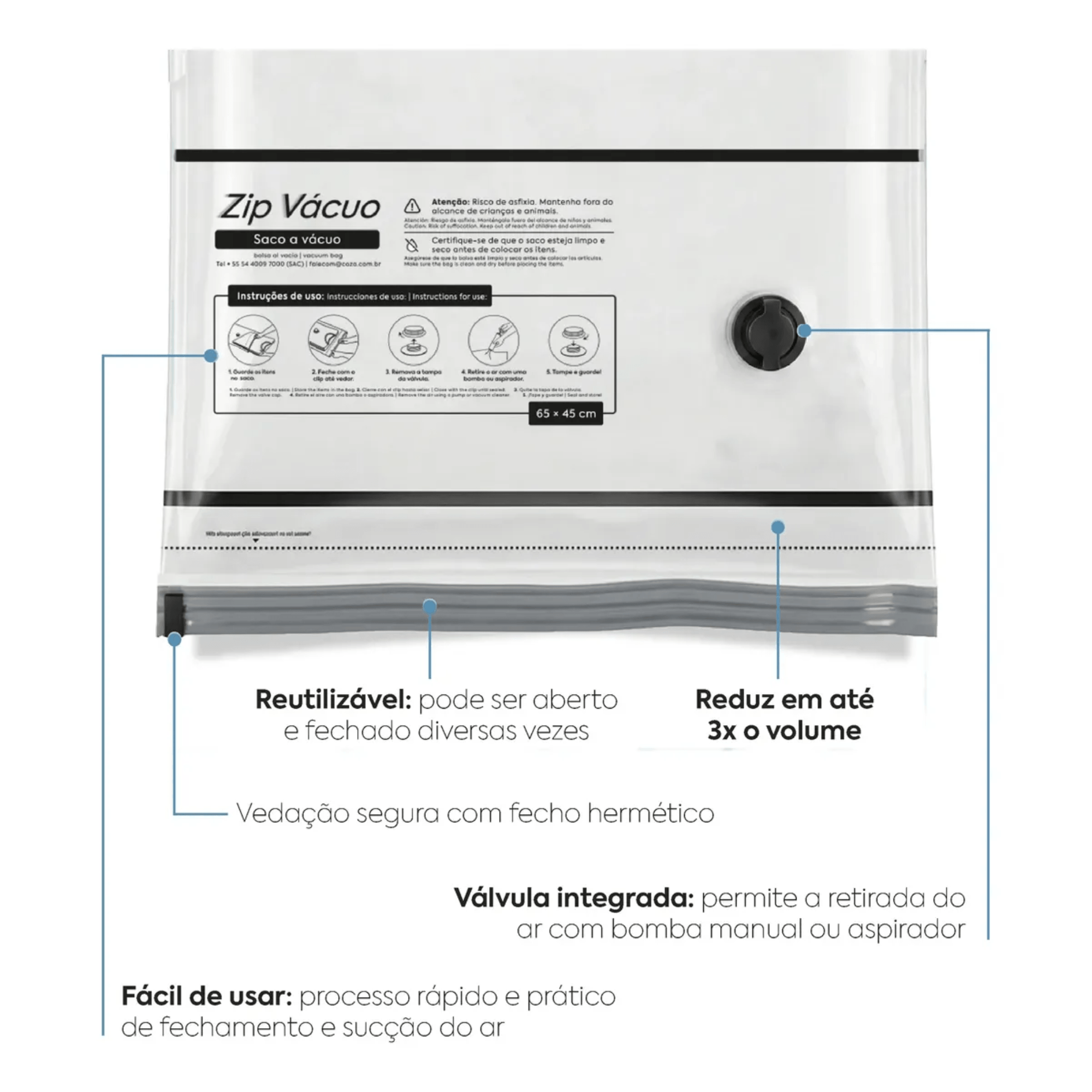Saco A Vácuo Zip Vácuo M - 65X45 cm Brinox - 30281/3001