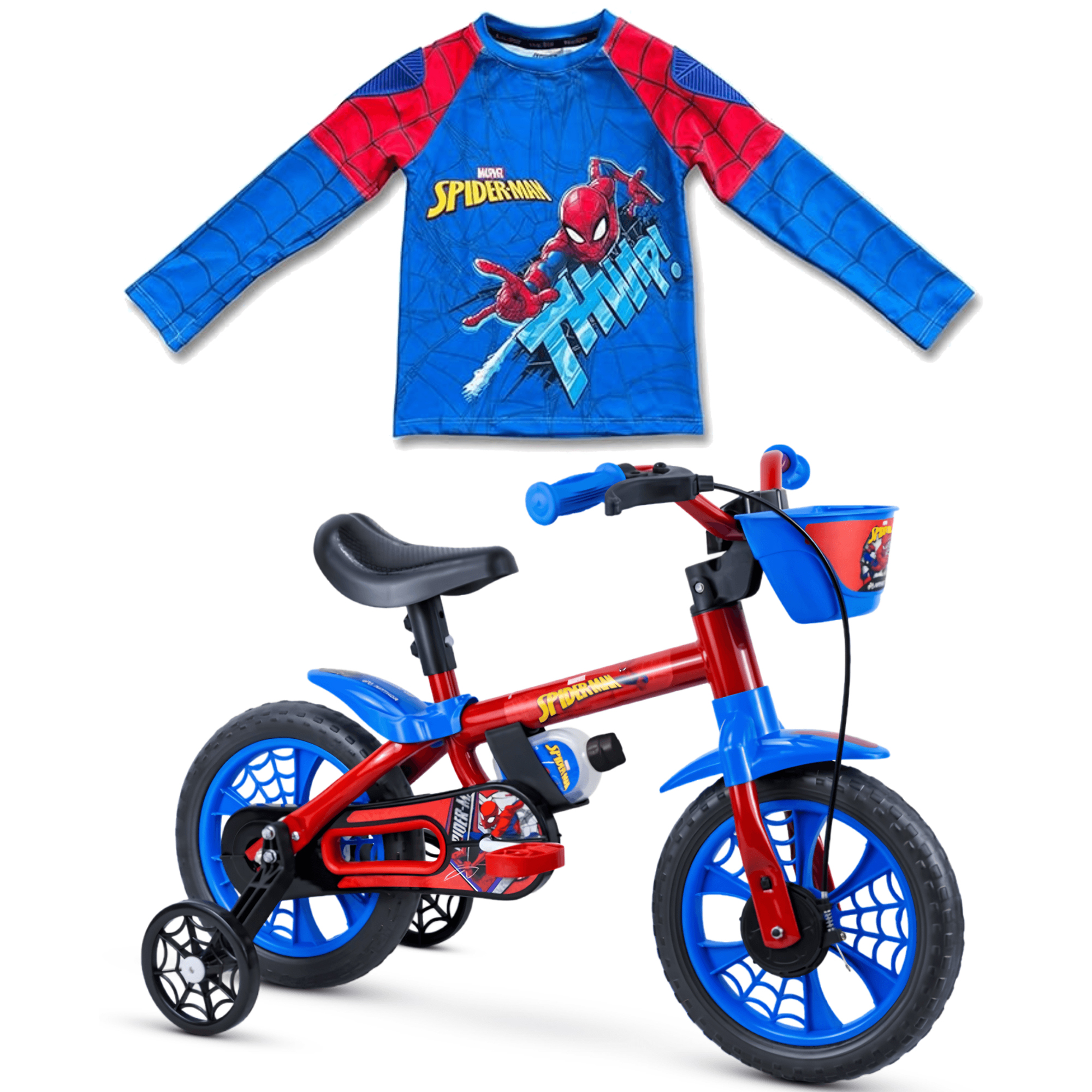 COMP Kit Bicicleta Aro 12 Spider Man 2 + Camiseta de Proteção Spider Man Tam 6 Nathor - 108001050000