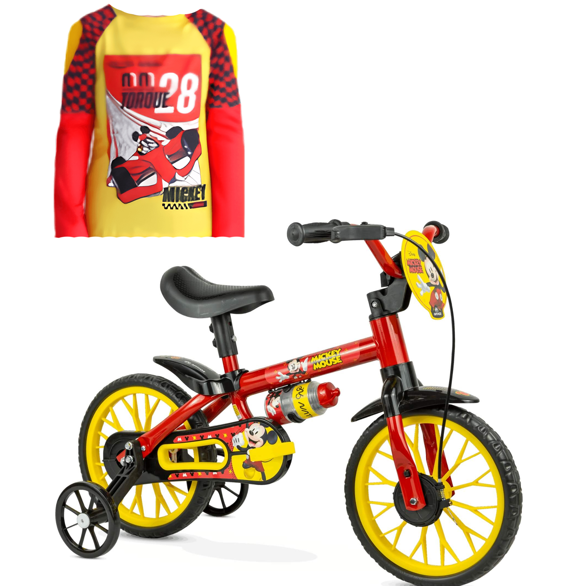 COMP Kit Bicicleta Infantil Aro 12" Mickey Nathor + Camiseta UV +50 Mickey