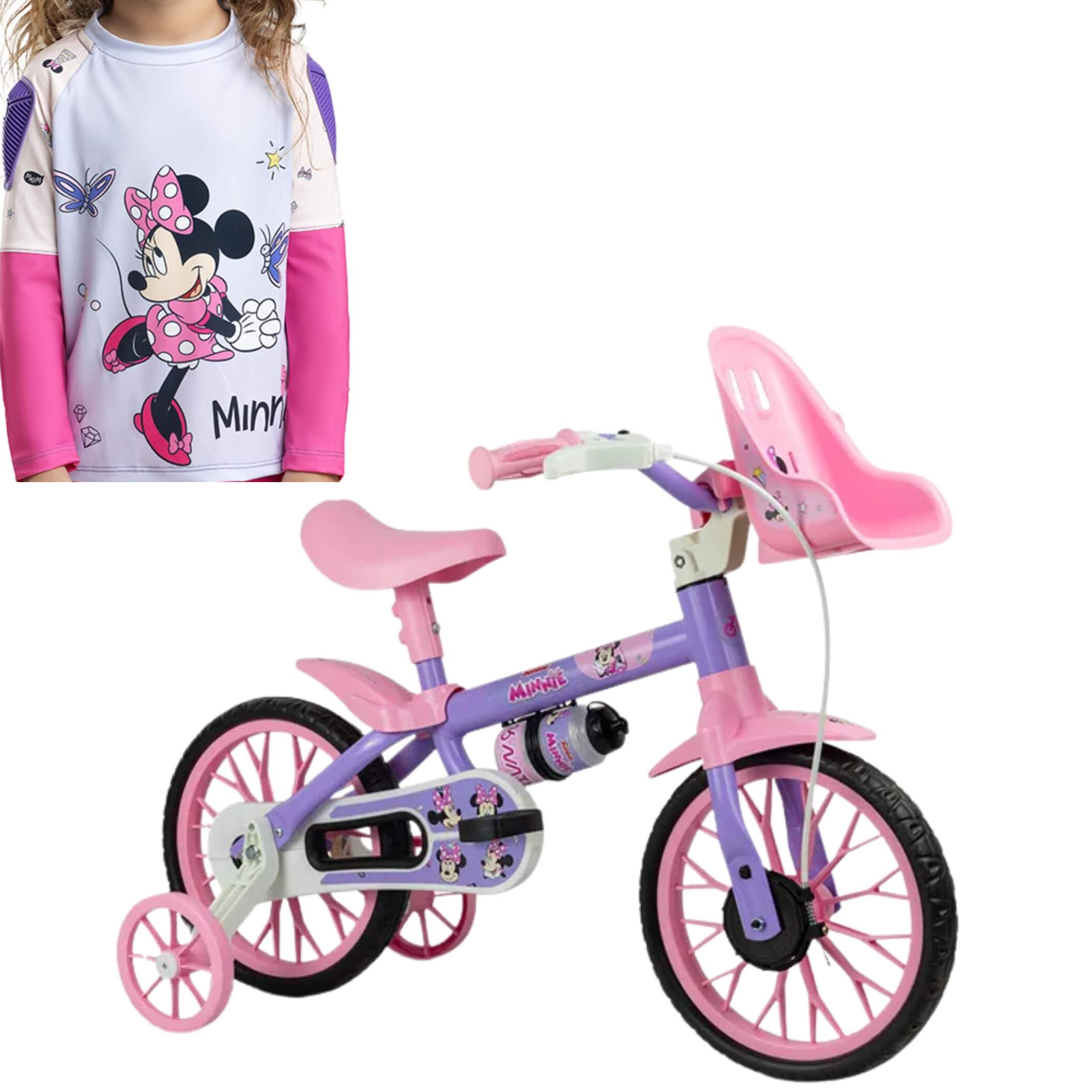 COMP Kit Bicicleta Infantil Aro 12" Minnie Disney + Camiseta Minnie UV50+ - Nathor