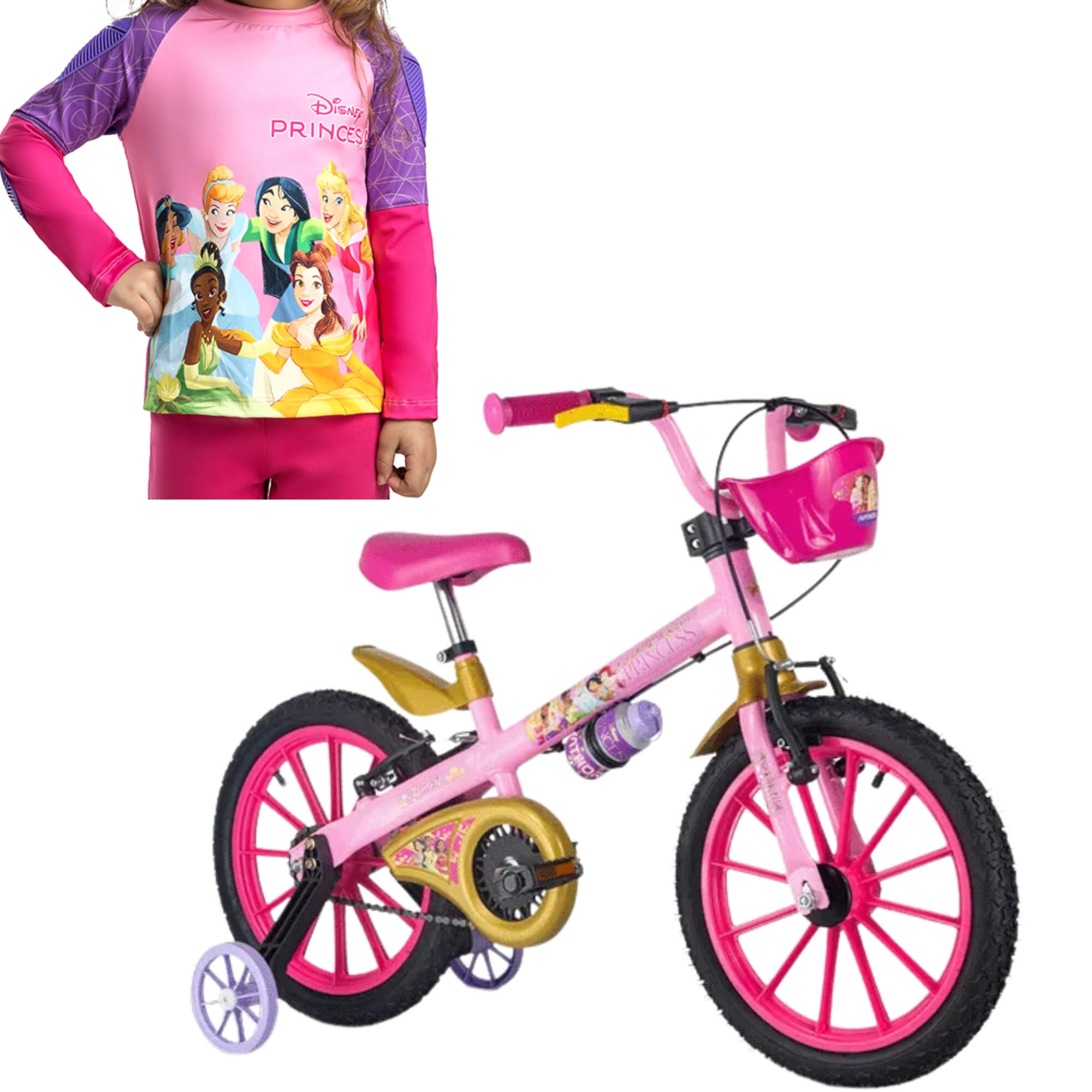 COMP Kit Bicicleta Infantil Aro 16" Princesas Disney Rodinhas Garrafinha + Camiseta UV50+ Princesas - Nathor