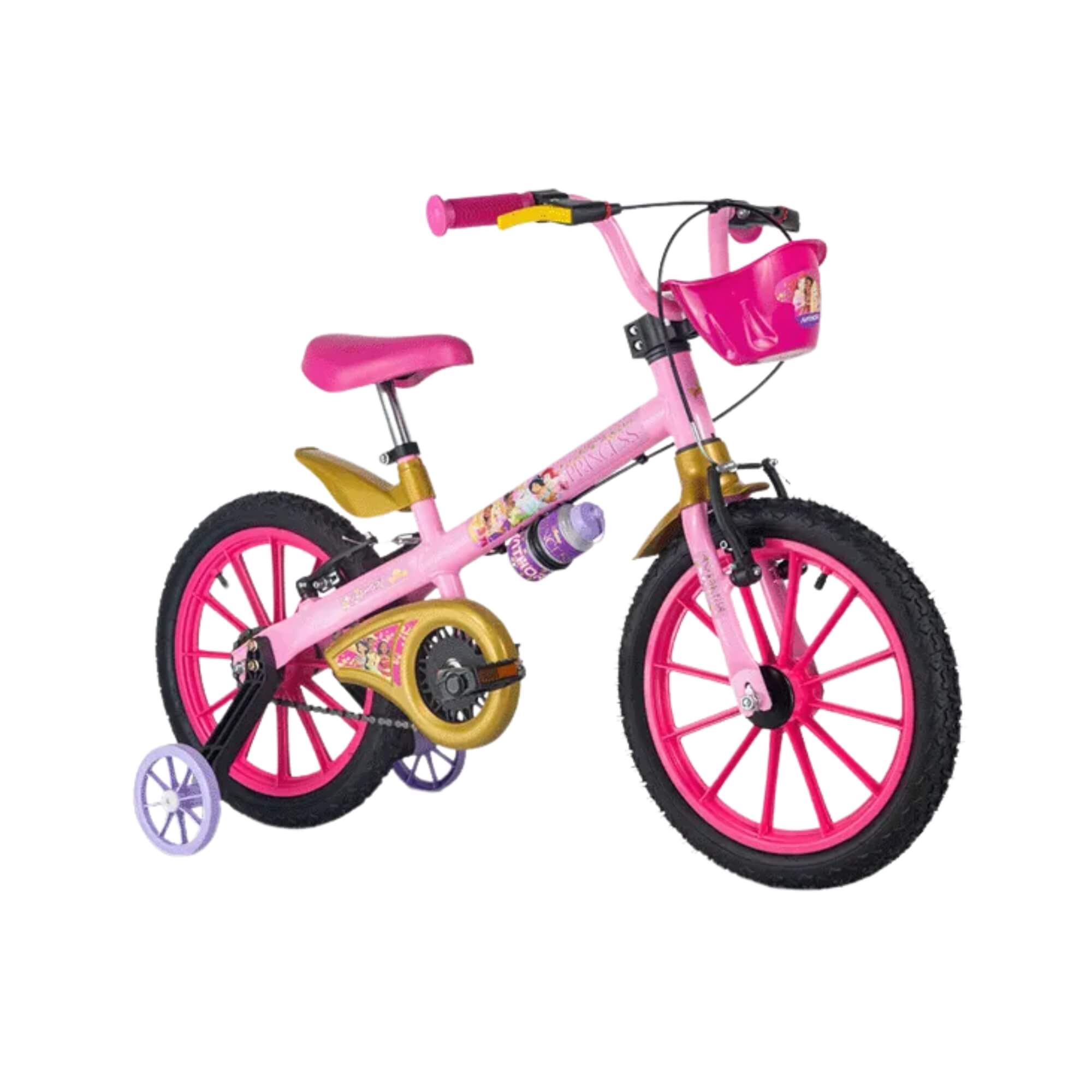 COMP Kit Bicicleta Infantil Aro 16" Princesas Disney Rodinhas Garrafinha + Camiseta UV50+ Princesas - Nathor