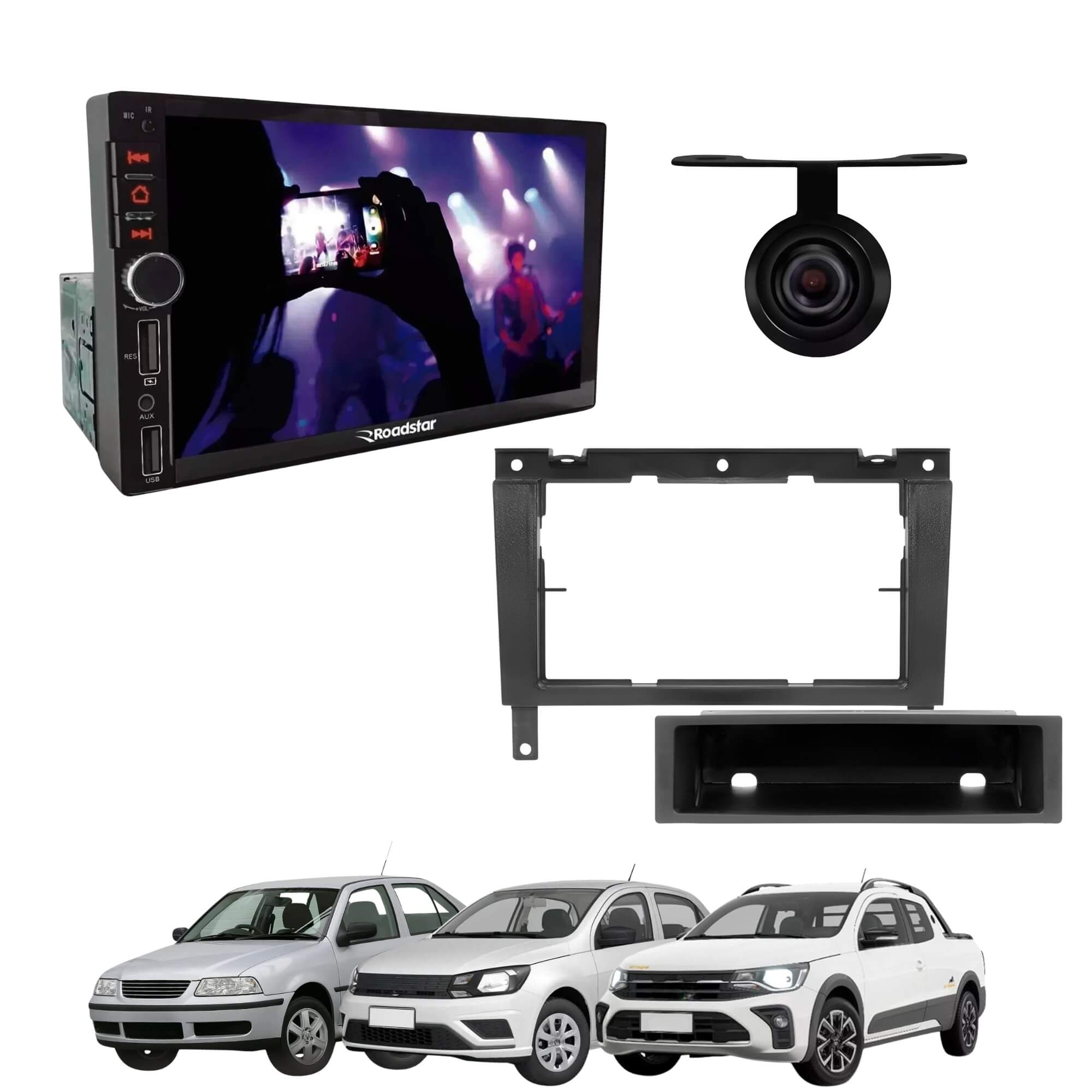 COMP Kit Multimídia Gol Saveiro Voyage G3 RS401BR Roadstar+ Moldura + Câmera de Ré