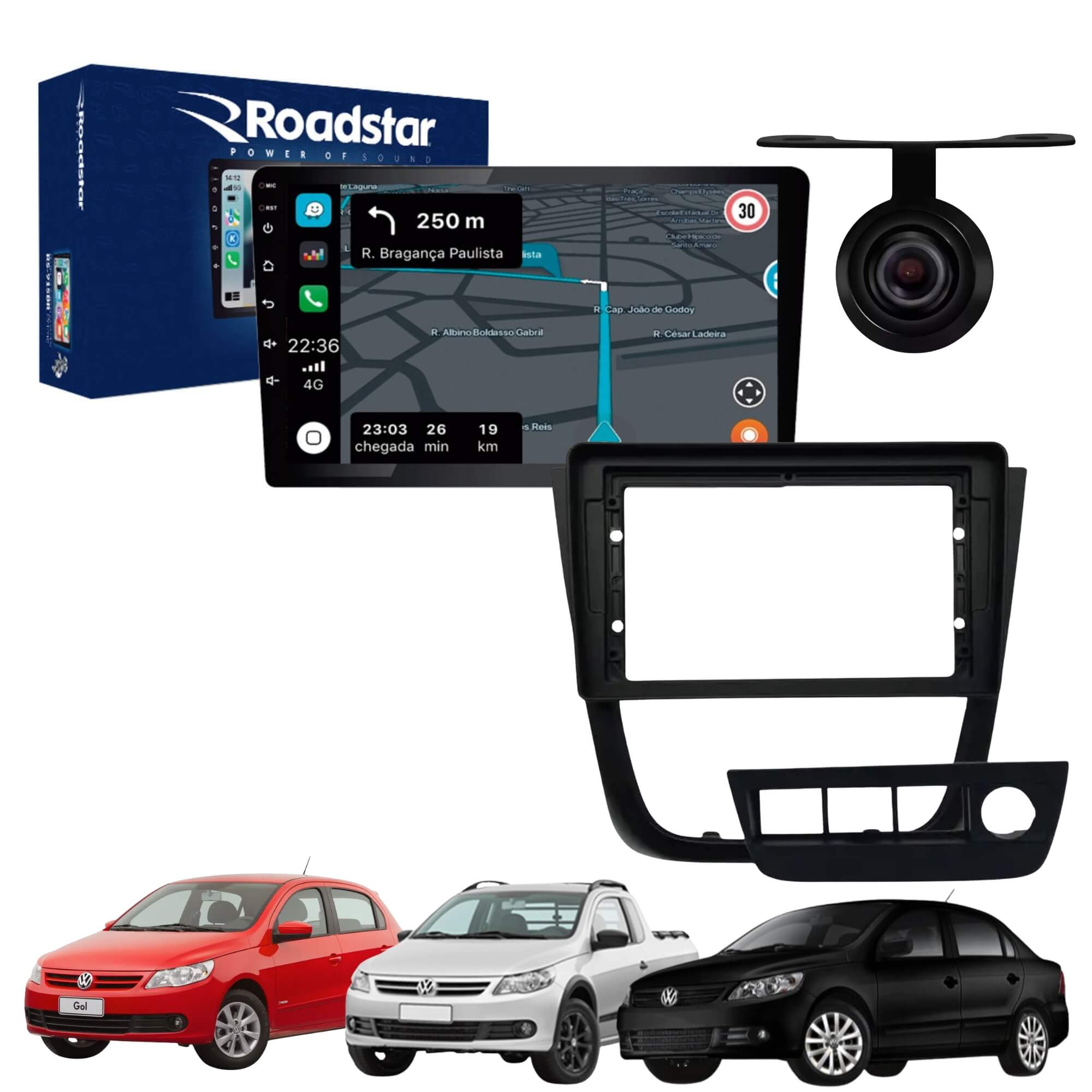 COMP Kit Multimidia Gol, Saveiro, Voyage G5 RS915 Roadstar + Moldura 9" + Câmera de Ré