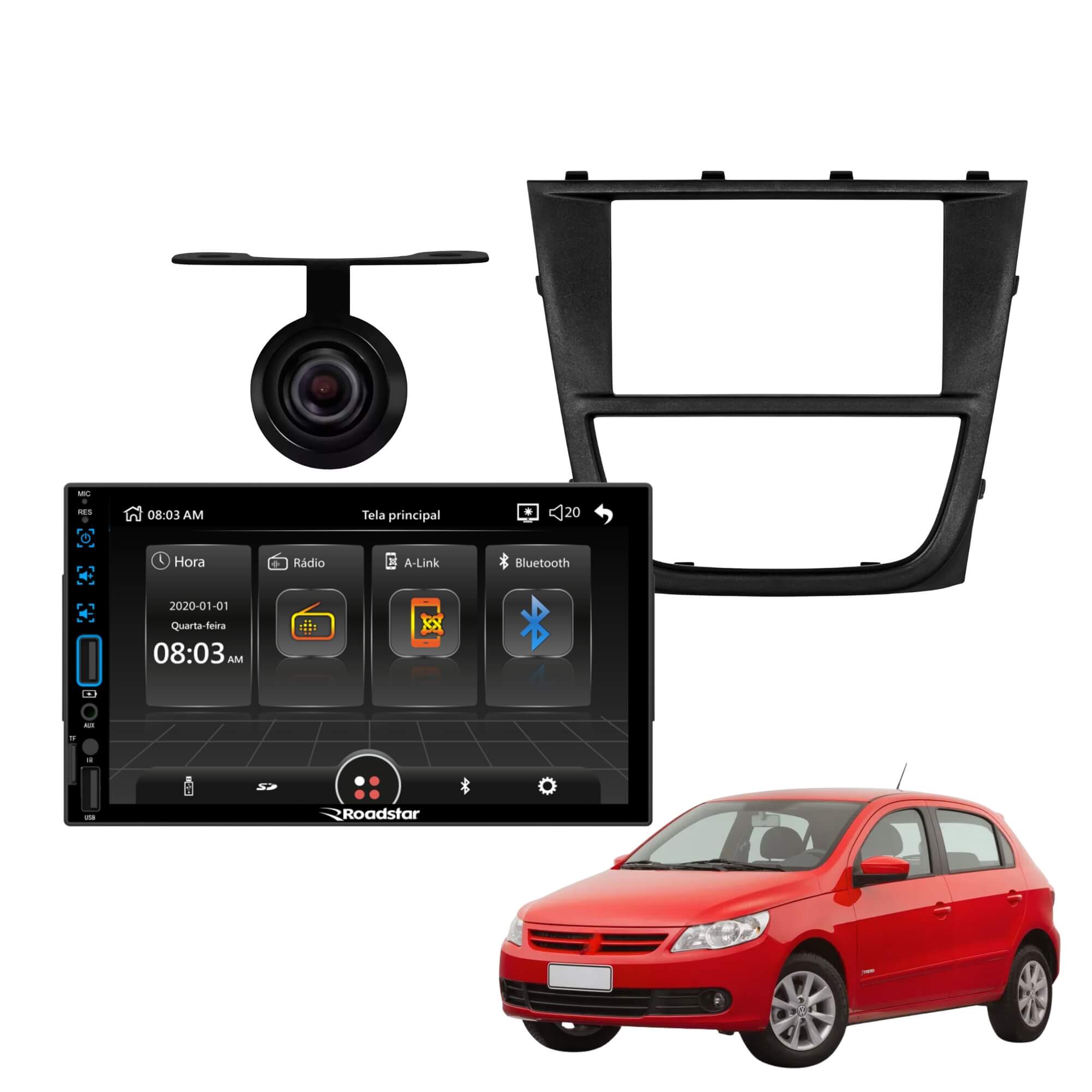 COMP Kit Multimídia Gol G5 RS506 Roadstar + Moldura 2Din + Câmera de Ré
