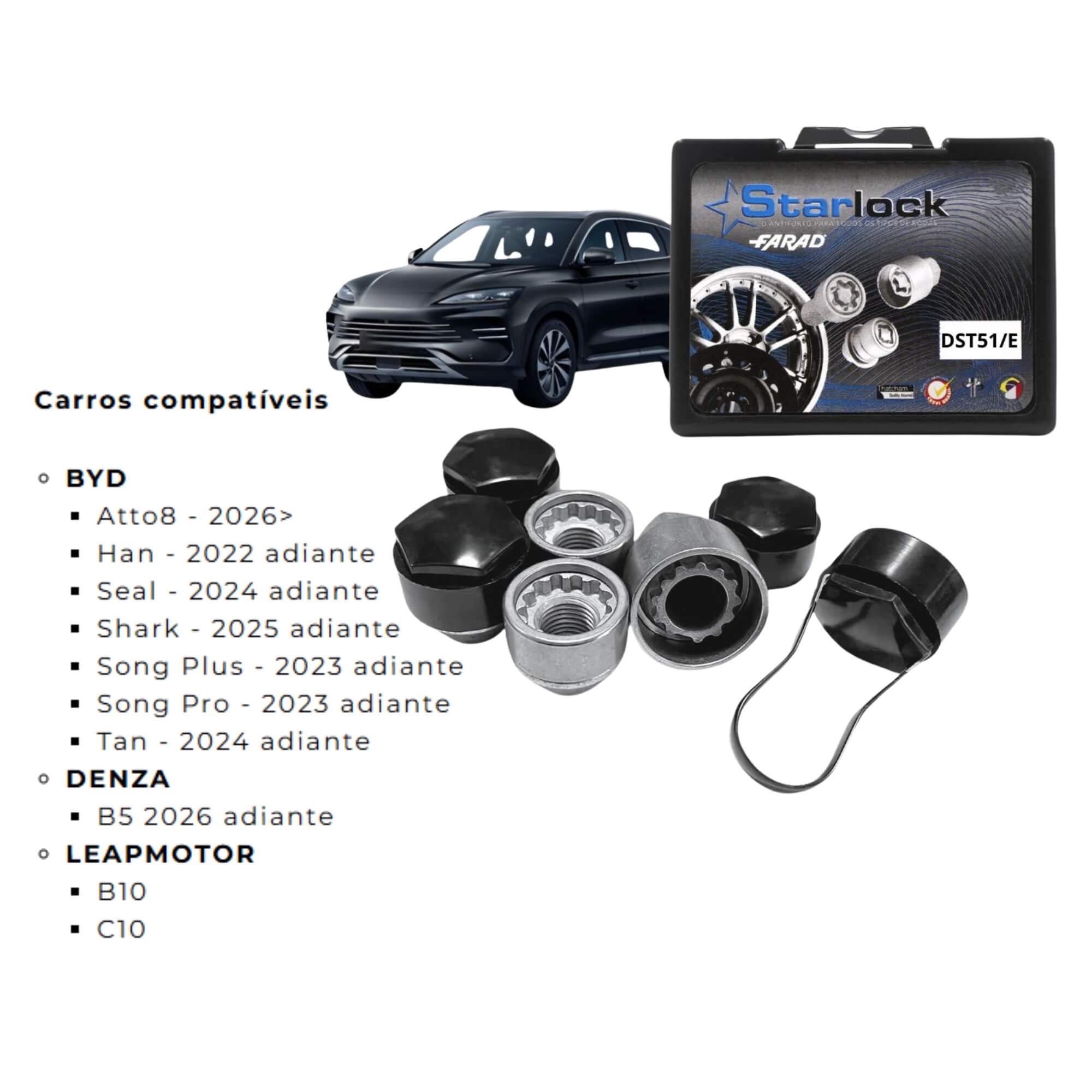 Kit Porcas Antifurto Starlock com Tampa compatível c/ Byd, Leap e Denza Farad - DST51/E 343