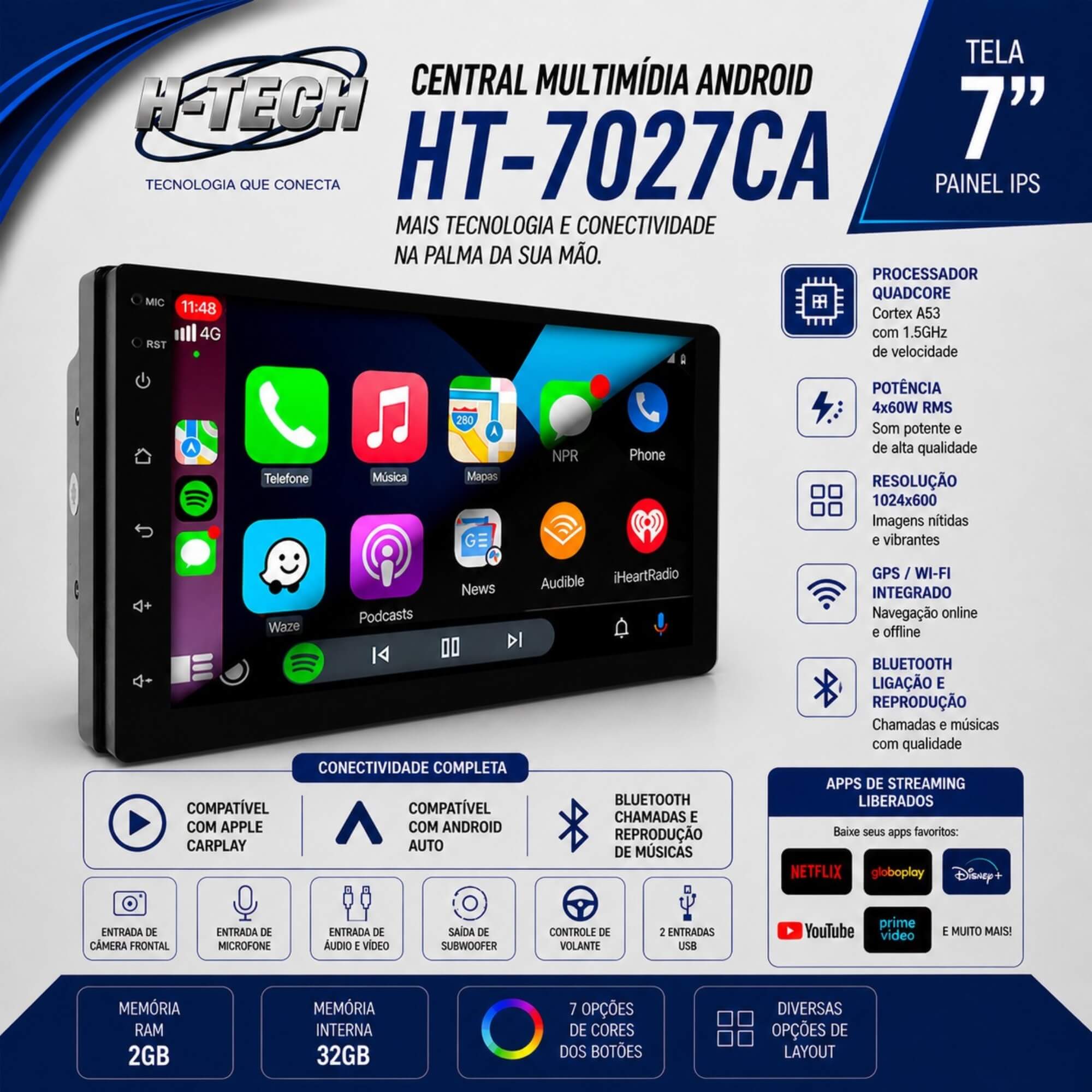 Multimídia 7" 2GB+32GB Espelhamento sem Fio CarPlay e Android Auto H-Tech - HT-7027CA