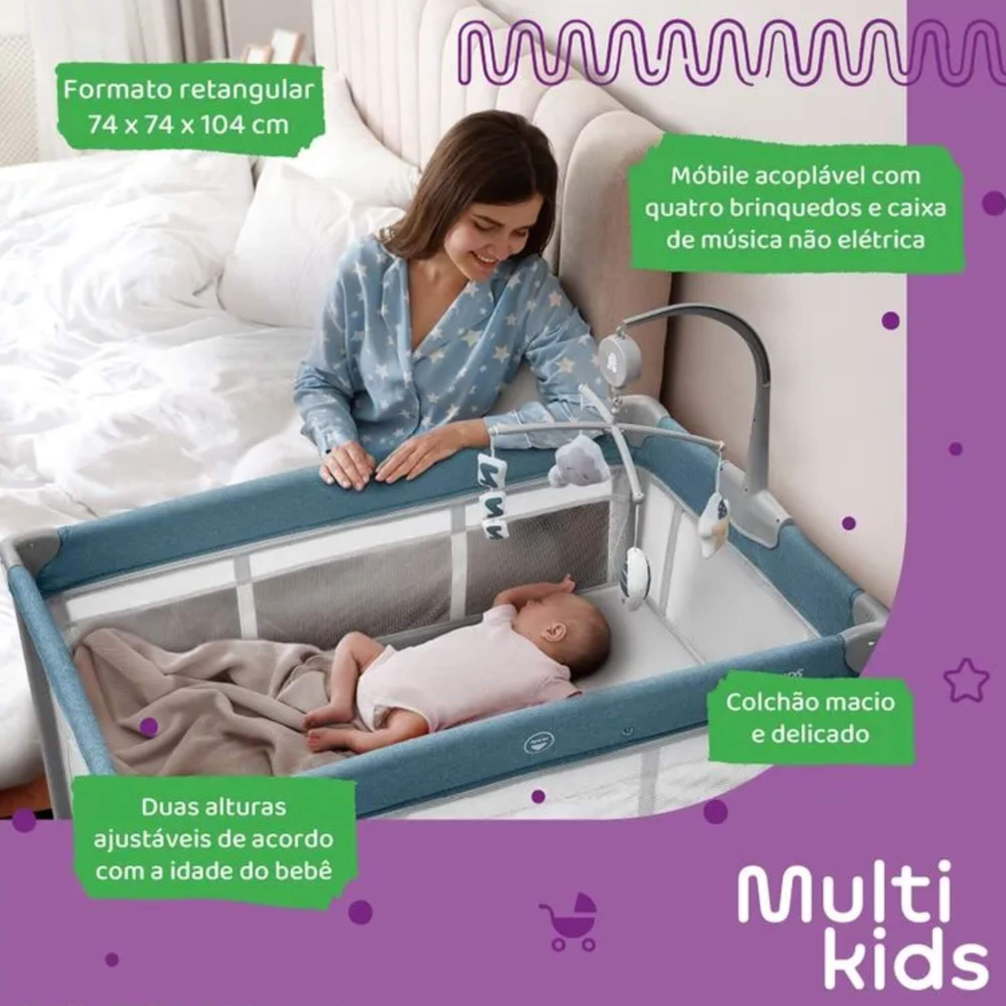 Berço Desmontável DayDream Portátil Até 15kg Azul Multikids Baby - BB388