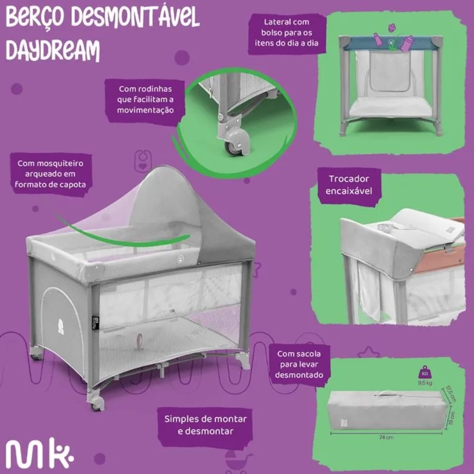 Berço Desmontável DayDream Portátil Até 15kg Rosa Multikids Baby - BB389