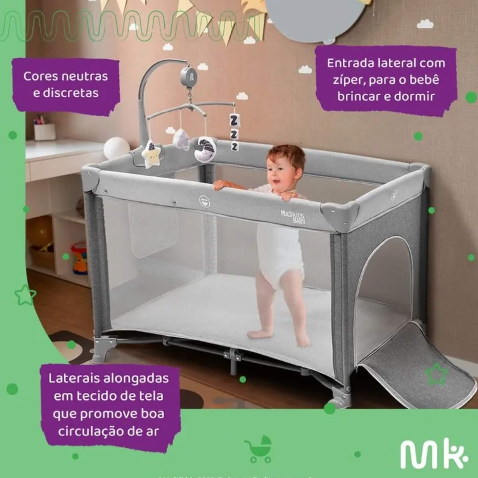 Berço Desmontável DayDream Portátil 0 A 15kg Cinza Multikids Baby - BB404