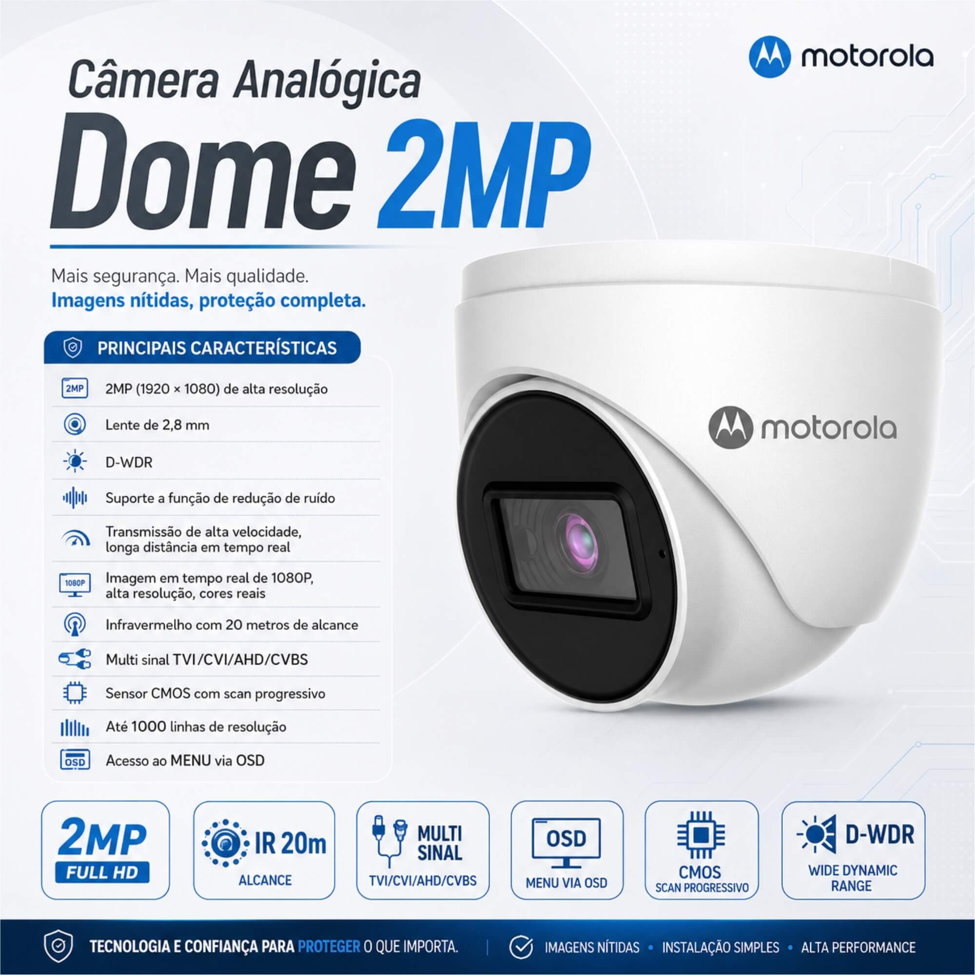 Câmera Dome Analógica 2MP Full HD IR 20m Lente 2,8mm IP66 Motorola - MTADH022601