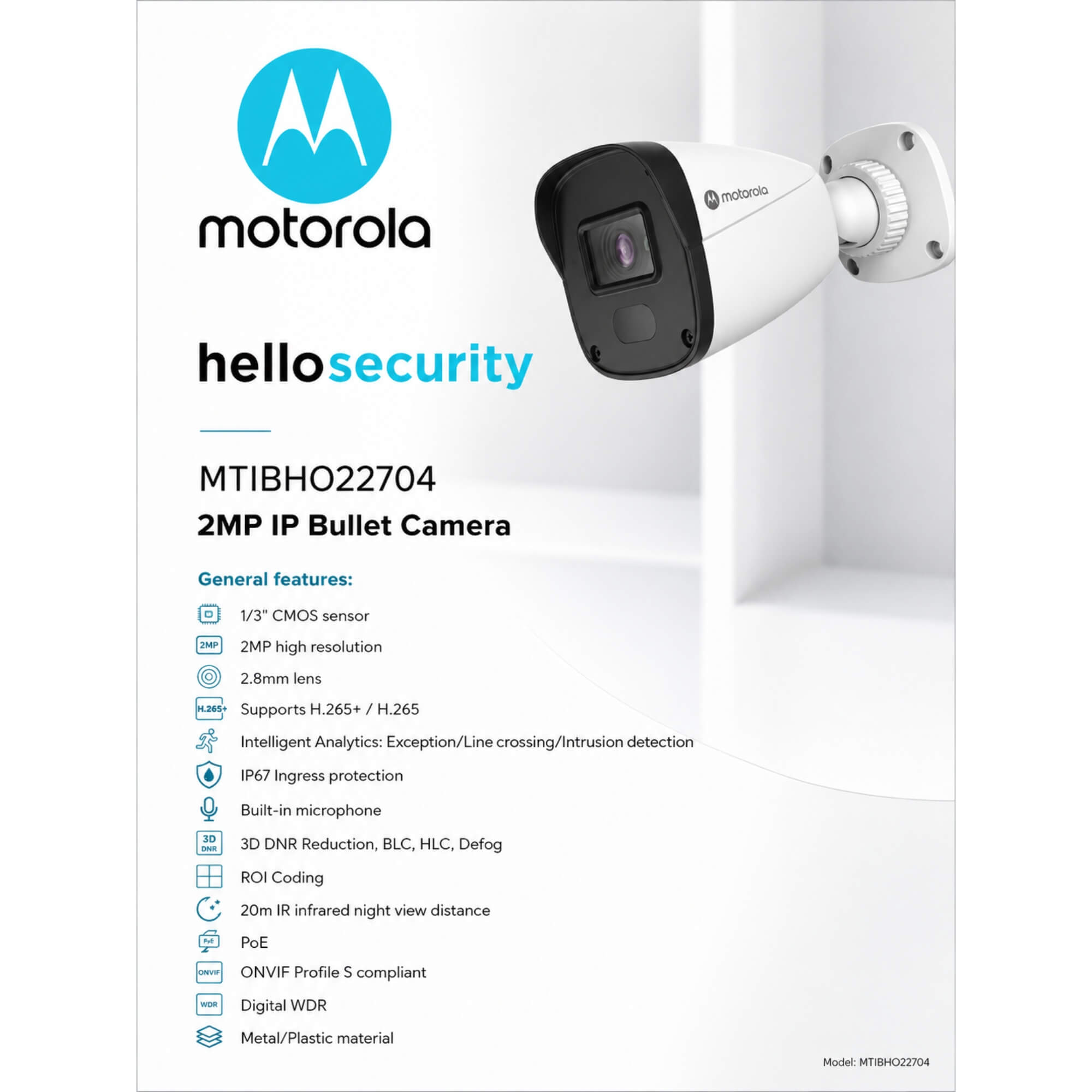 Câmera Bullet IP 2MP PoE 2,8mm Áudio ONVIF Motorola - MTIBH022704