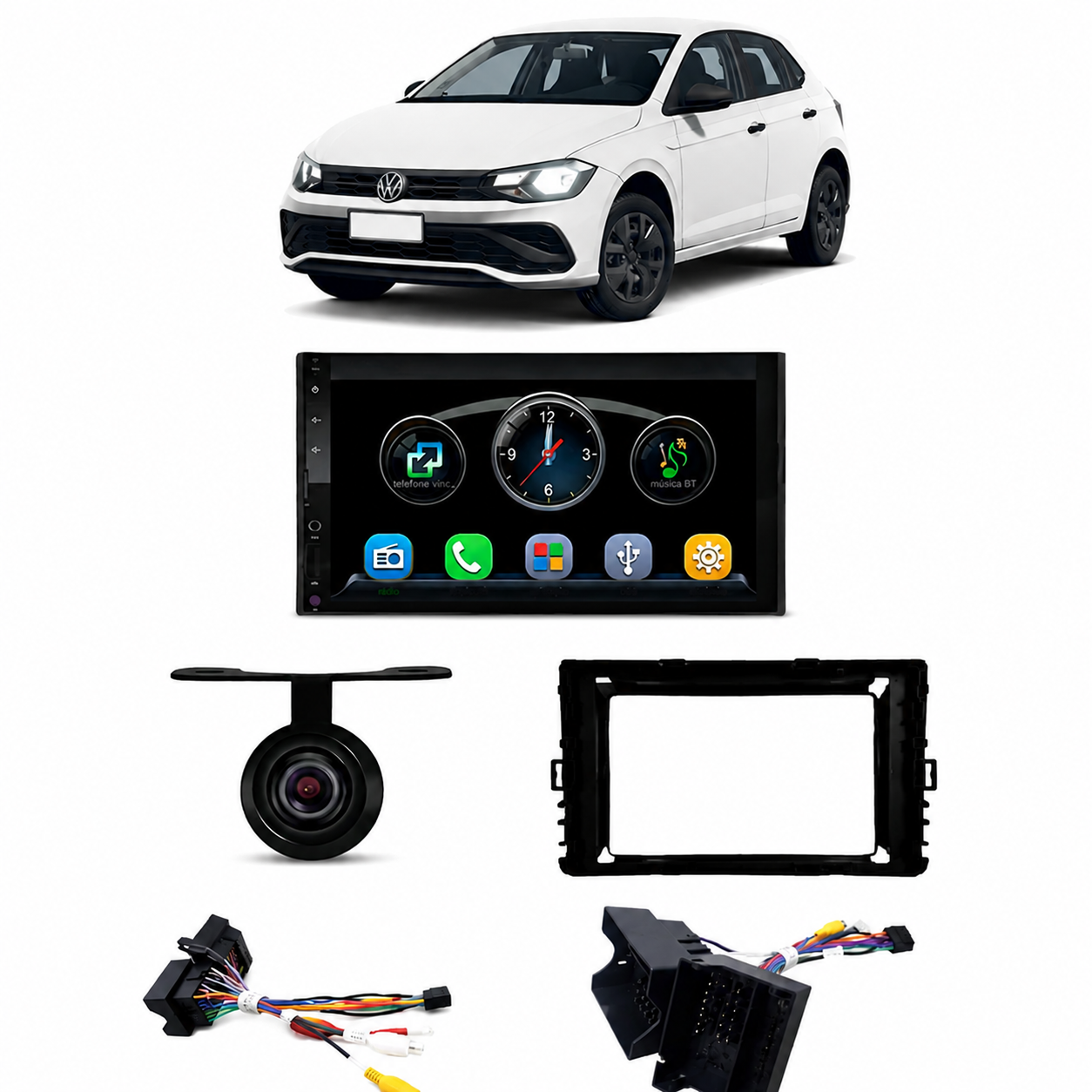 COMP Kit Multimídia MP5 Polo 2017/2026 Carplay 7" Rs7007BR Roadstar + Moldura + Camera de ré