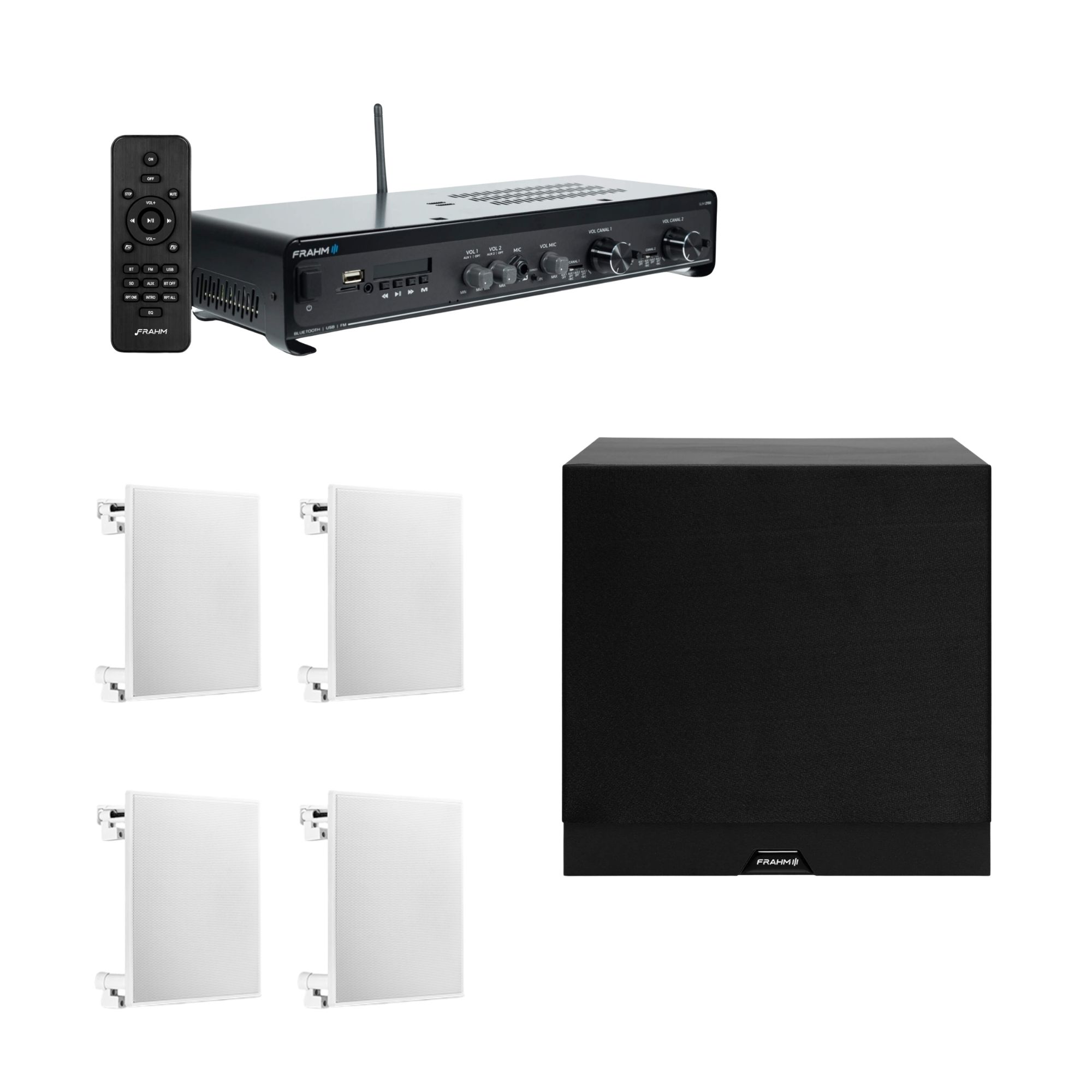 COMP Kit Som Ambiente Frahm Amplificador SLIM 2700 + 4 Arandelas + Subwoofer RD SW10 G2 150W