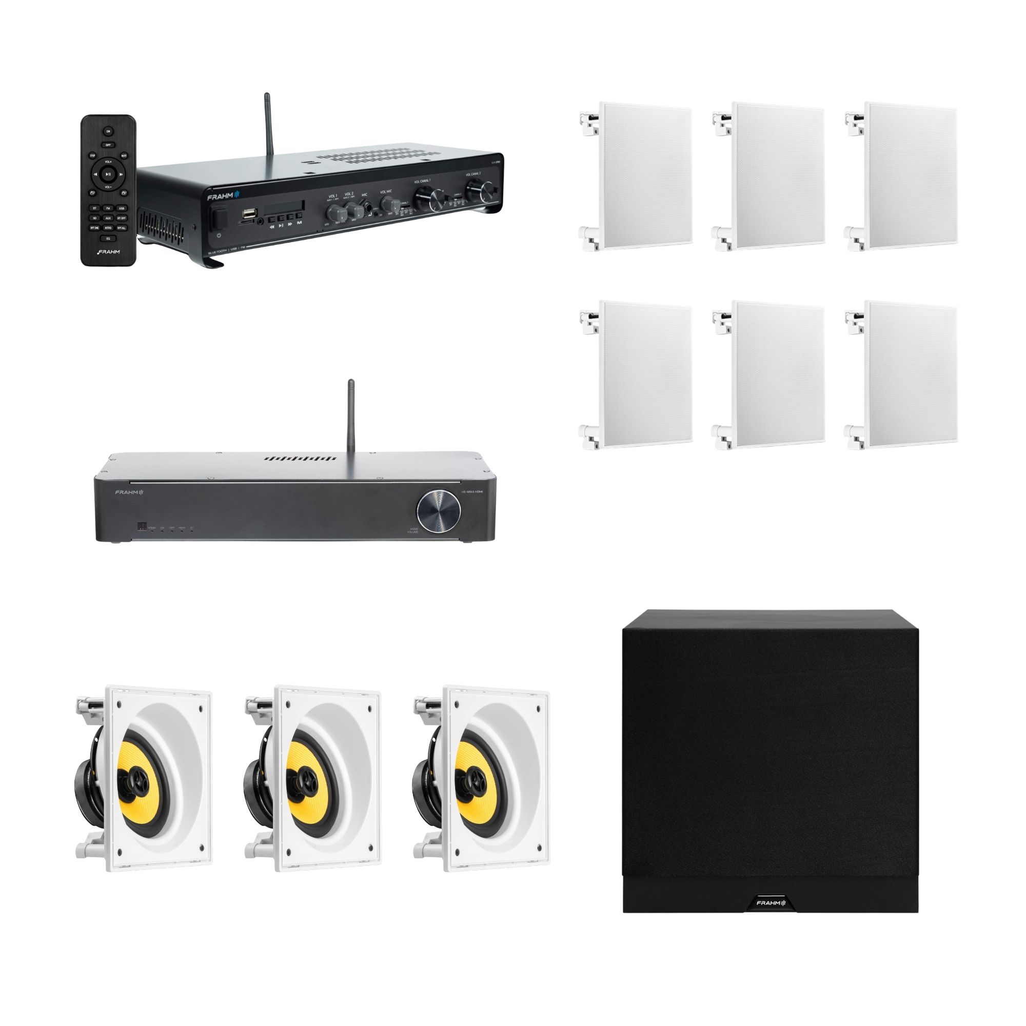 COMP Kit Som Ambiente Frahm para Ambientes - Amplificador + Caixas + Subwoofer