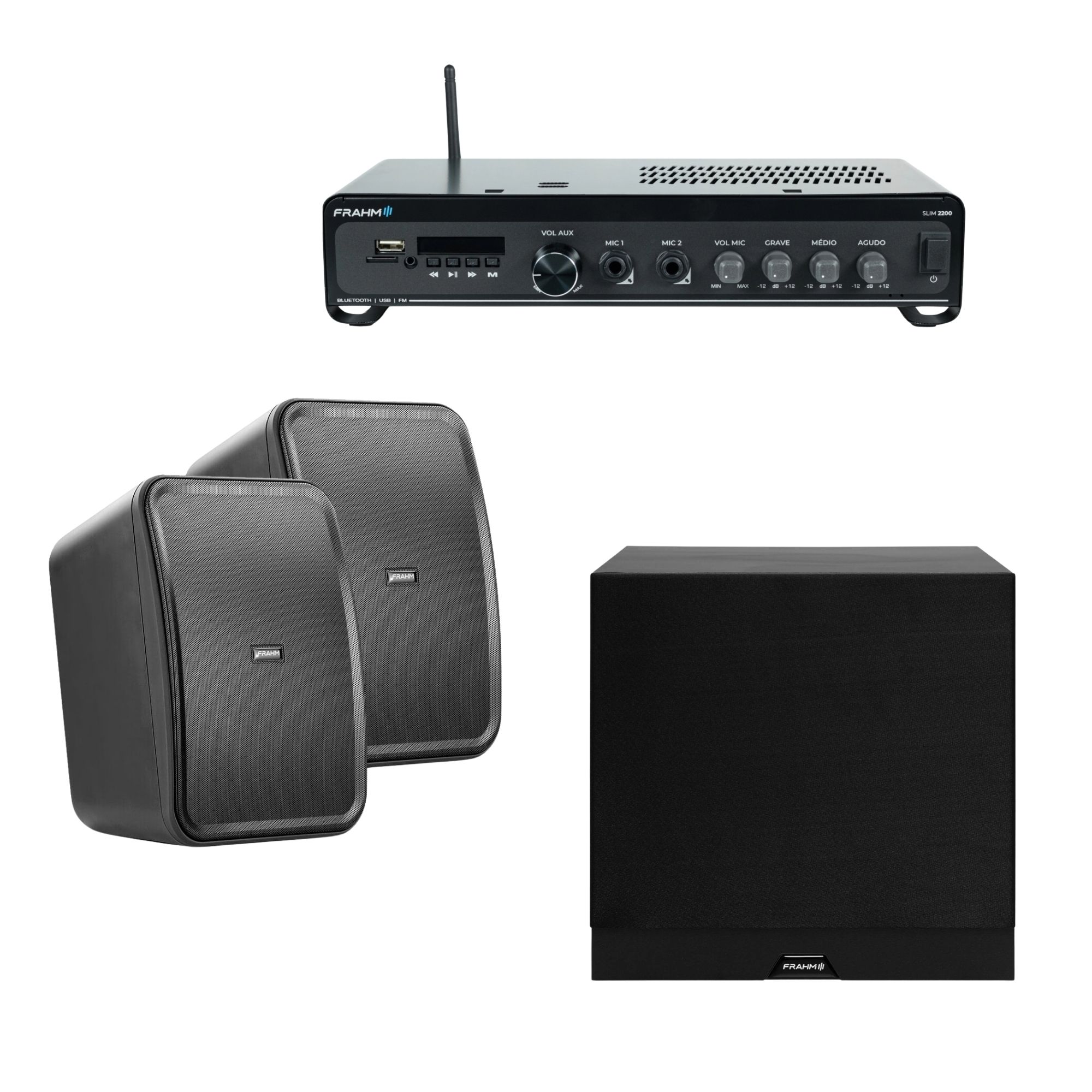 COMP Kit Amplificador Frahm para Ambientes - Amplificador Slim 2200 + Par de Caixas + Subwoofer