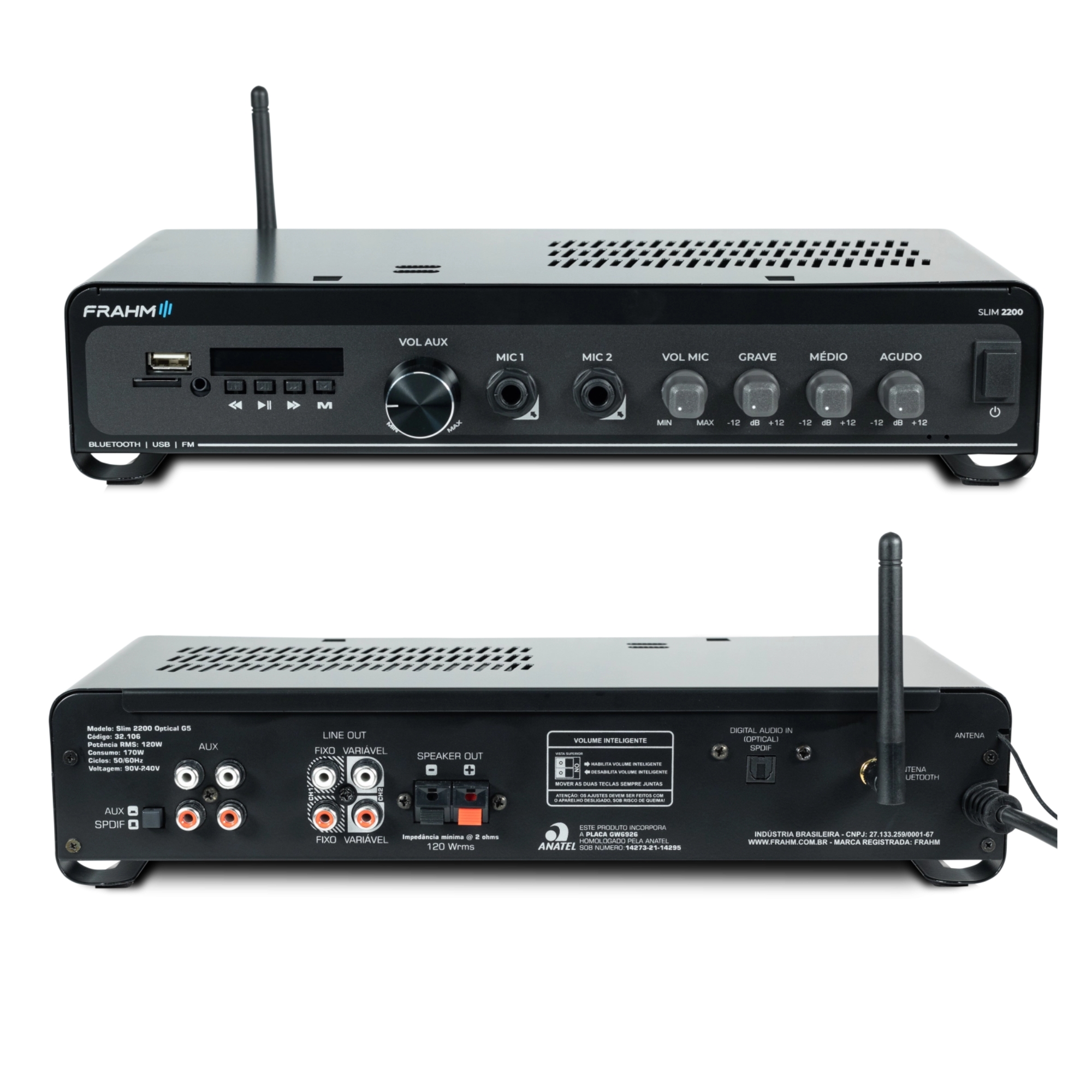 COMP Kit Amplificador Frahm para Ambientes - Amplificador Slim 2200 + Par de Caixas + Subwoofer