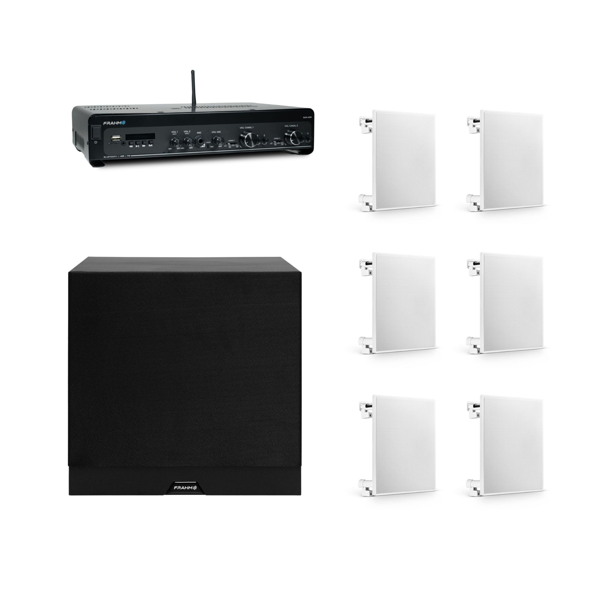 COMP Kit Amplificador Slim Frahm para Ambientes - Amplificador + Arandelas + Subwoofer