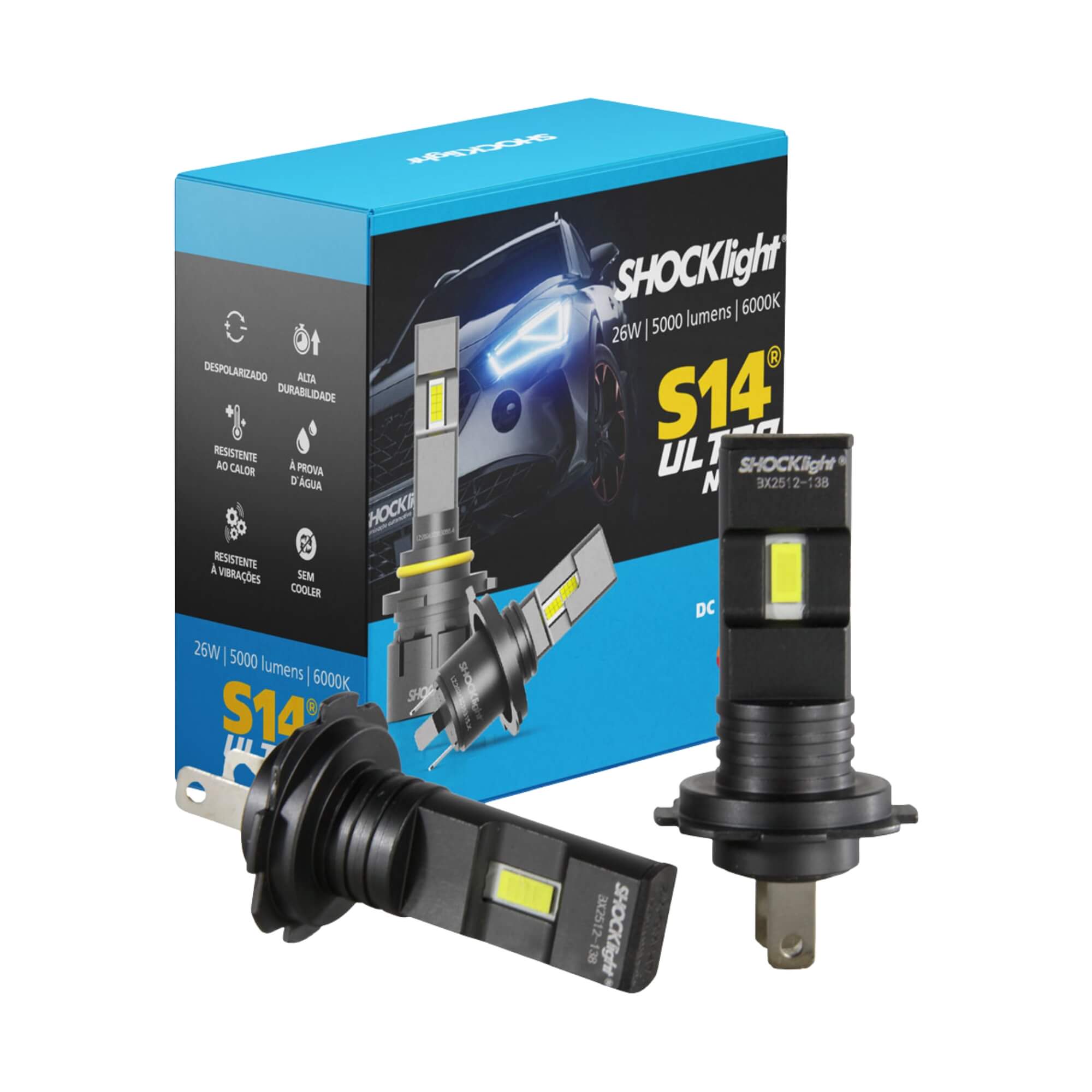 Par de Lâmpadas Led S14 Ultra Nano H7 6000K 5000 Lumens 12V Shocklight - SLL-140007U