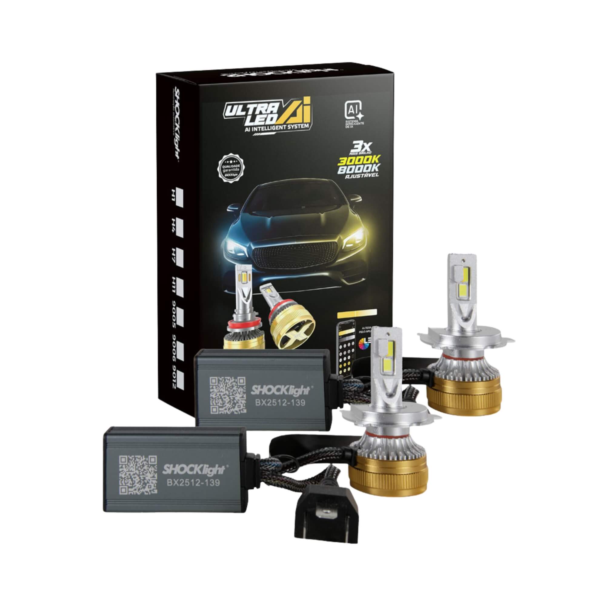 Par de Lâmpadas Ultraled A.I. H4 3000K~8000K 5000LM 12V Shocklight - SLL-H4-AI