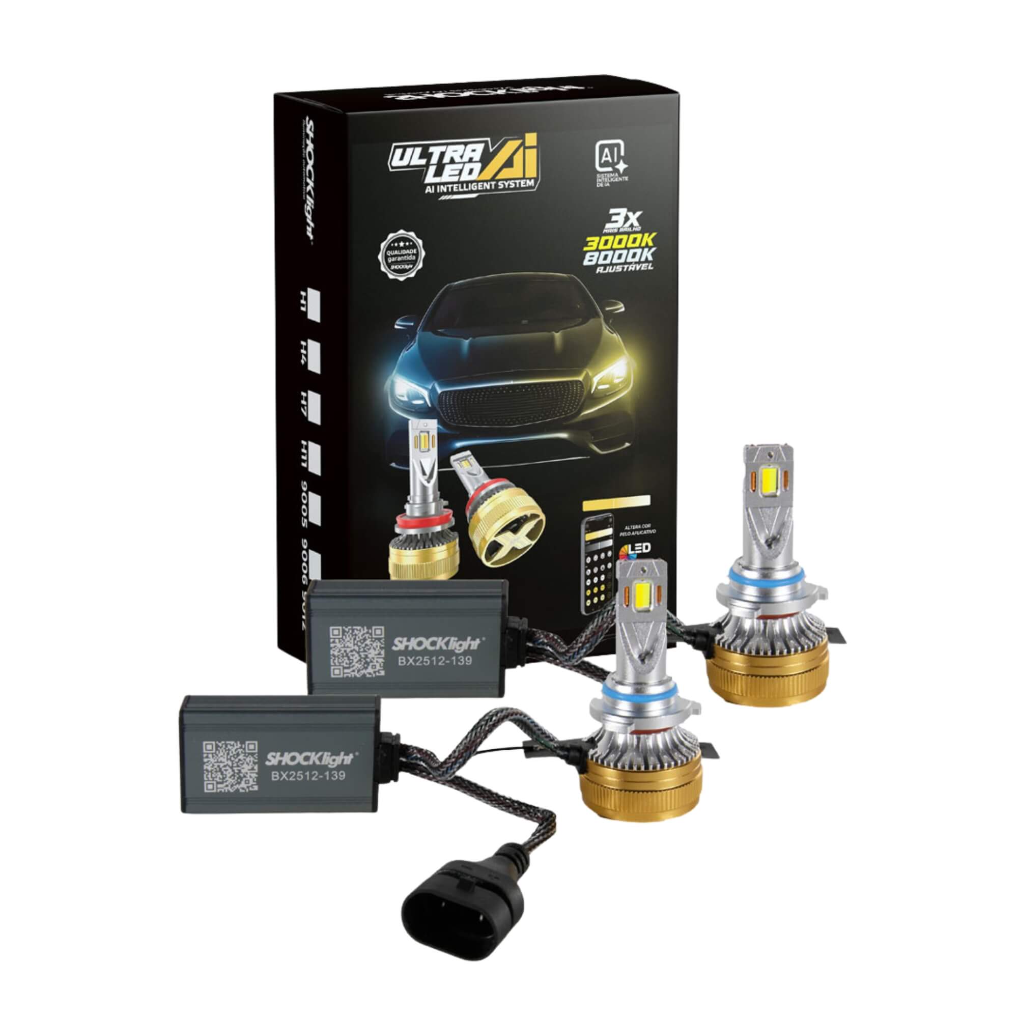 Par de Lâmpadas Ultraled A.I. HB4/9006 3000K~8000K 5000LM 12V Shocklight - SLL-HB4-AI