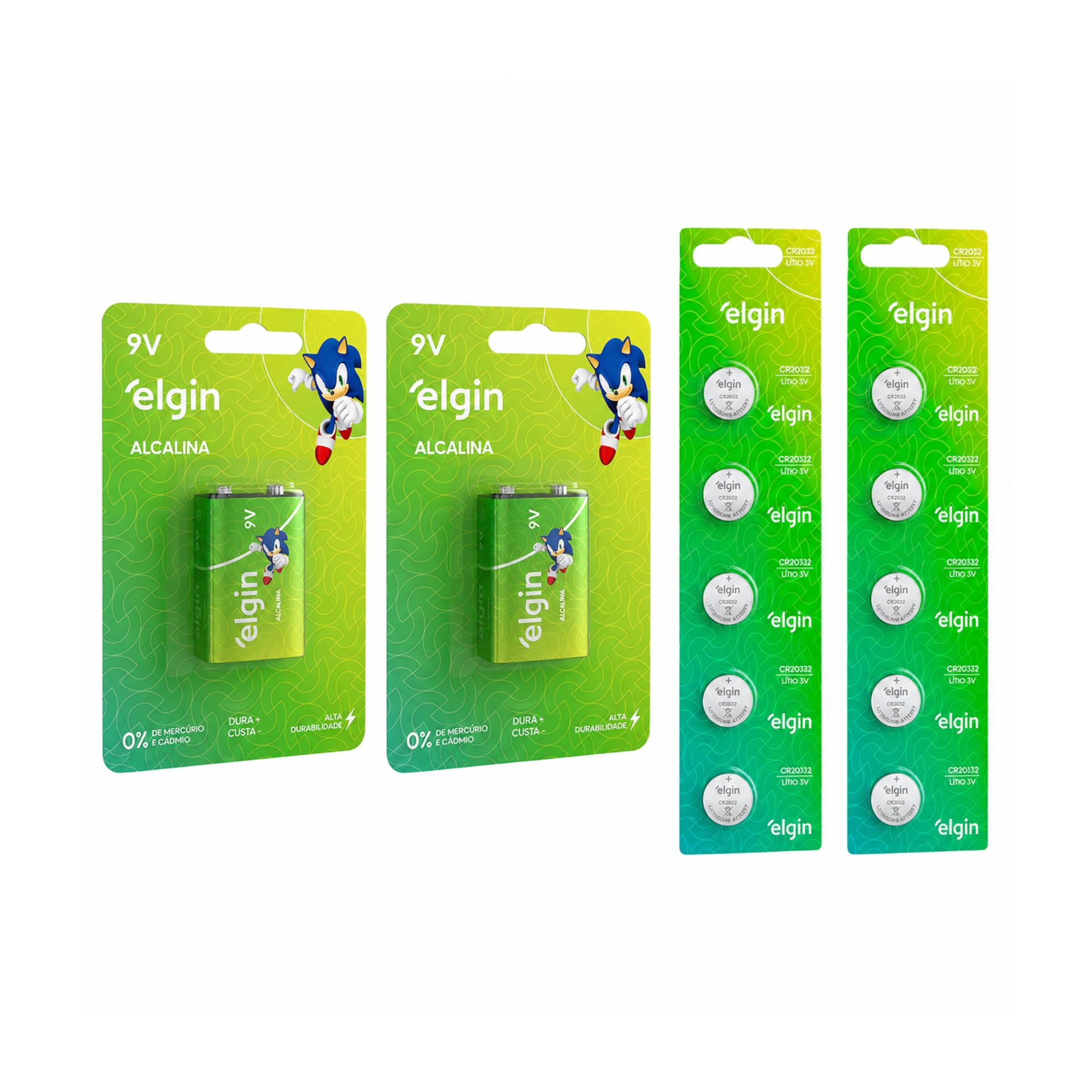 COMP Kit 2 Baterias Alcalina 9V e 2 Cartelas com 5 und Bateria Lítio CR2032 Elgin