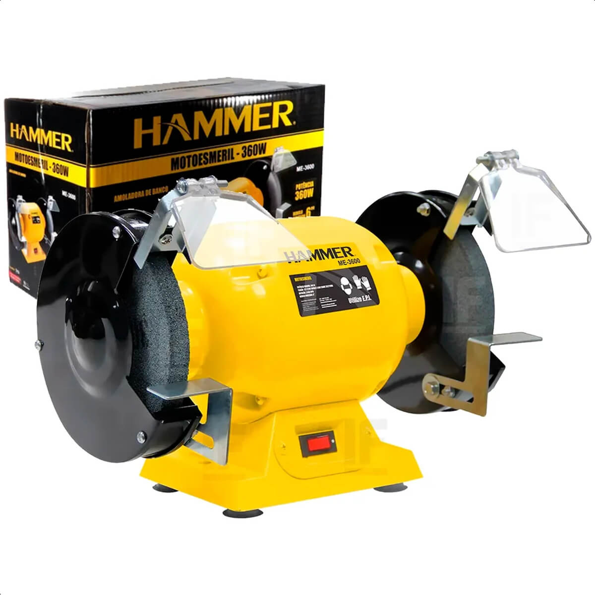 Moto Esmeril de Bancada Bivolt Hammer 360W 6Pol Base de Apoio Tampas de Segurança Interruptor de Acionamento GYME3600