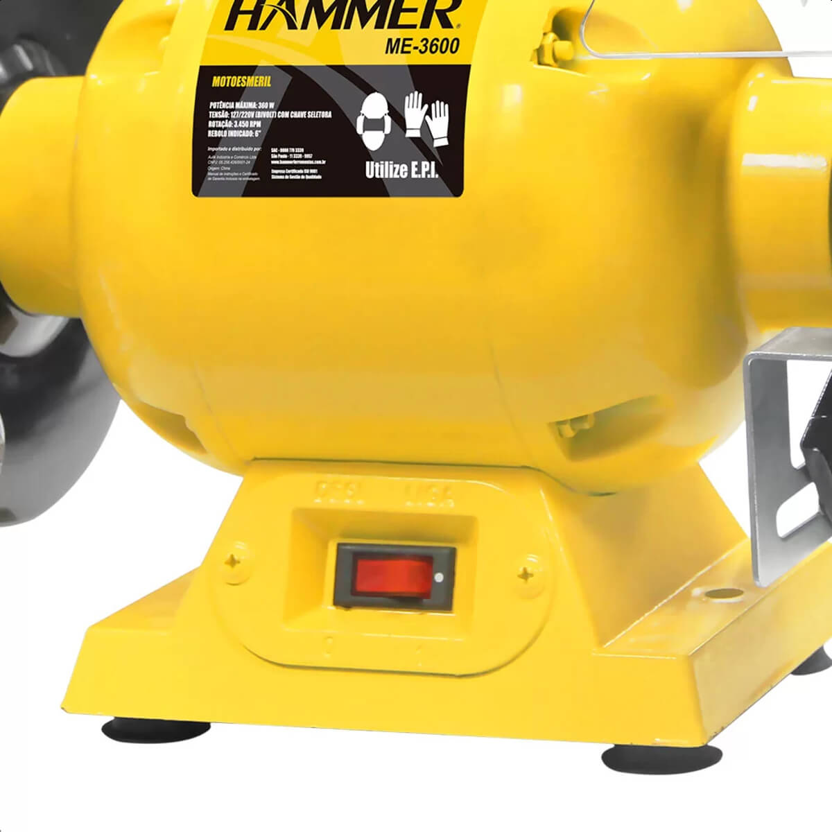 Moto Esmeril de Bancada Bivolt Hammer 360W 6Pol Base de Apoio Tampas de Segurança Interruptor de Acionamento GYME3600
