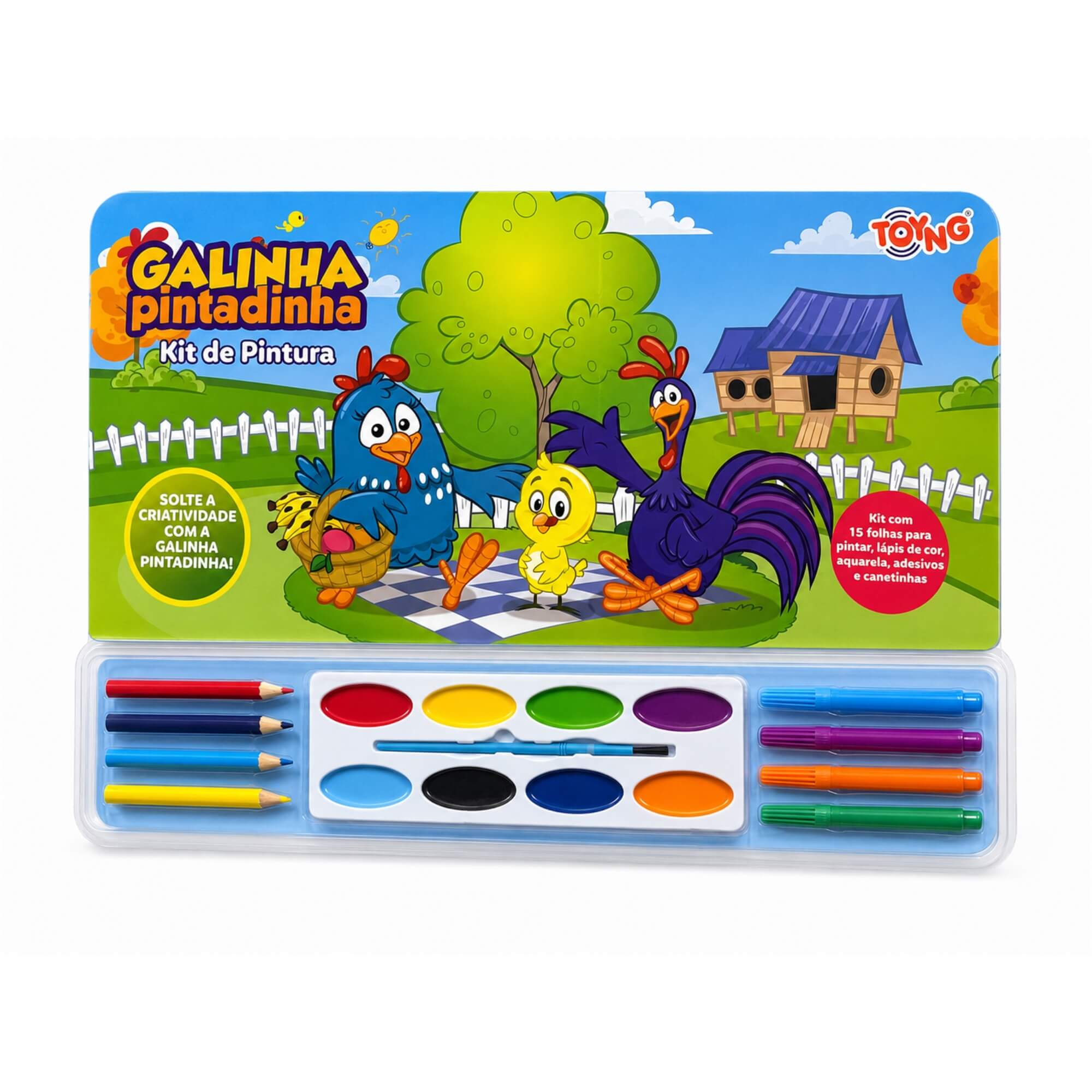 Kit de Pintura Galinha Pintadinha c/ Aquarela, Lápis de Cor, Adesivos e Canetinhas Toyng - 065526